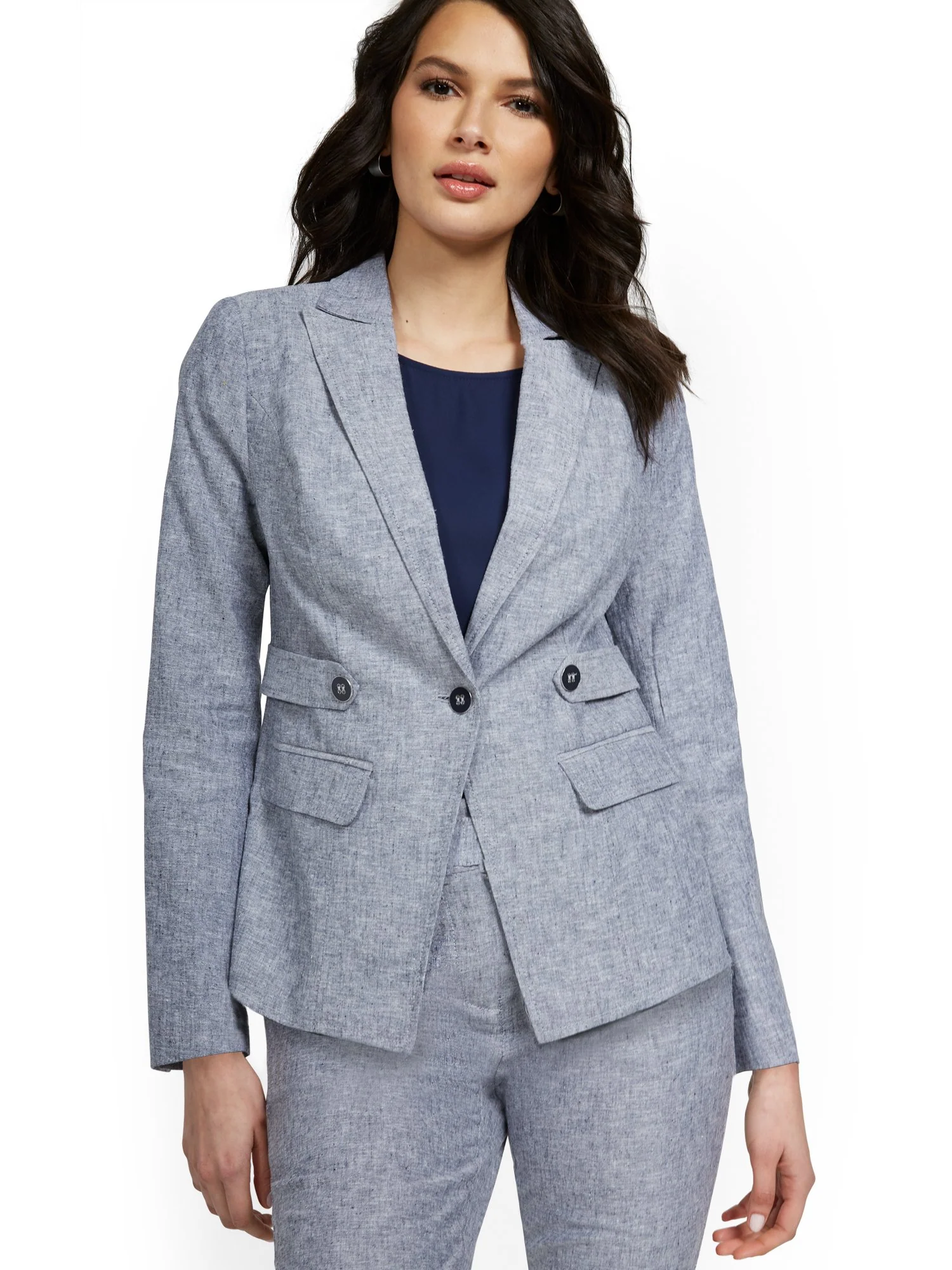 Linen-Blend Tab-Front Button Blazer