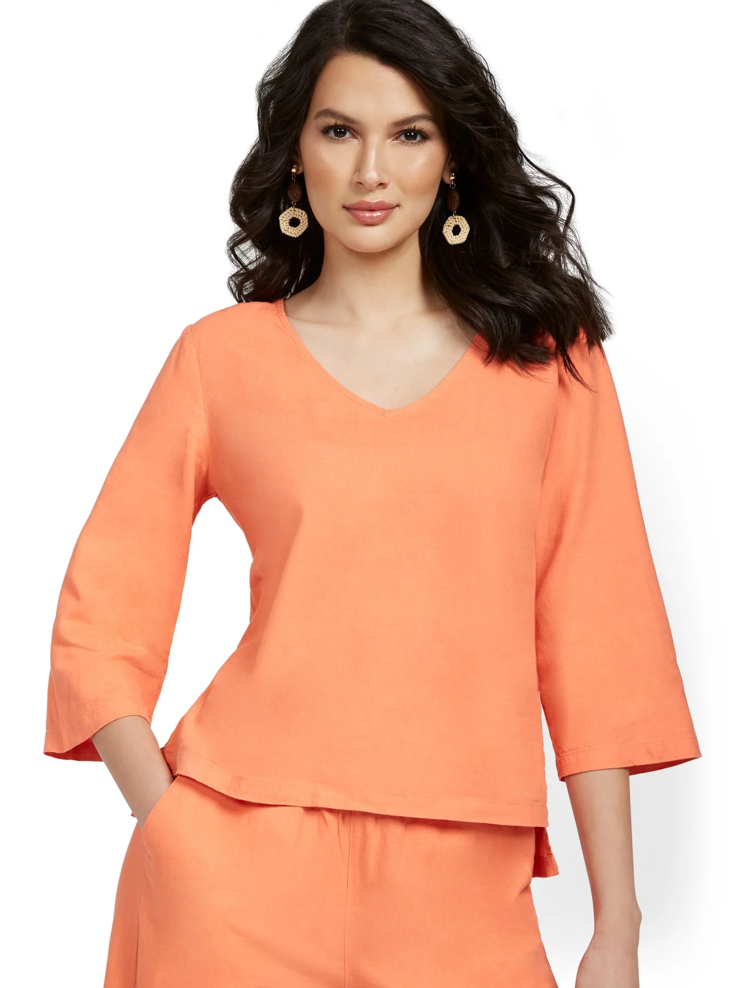 Linen-Blend V-Neck Button-Back Top - Image 3