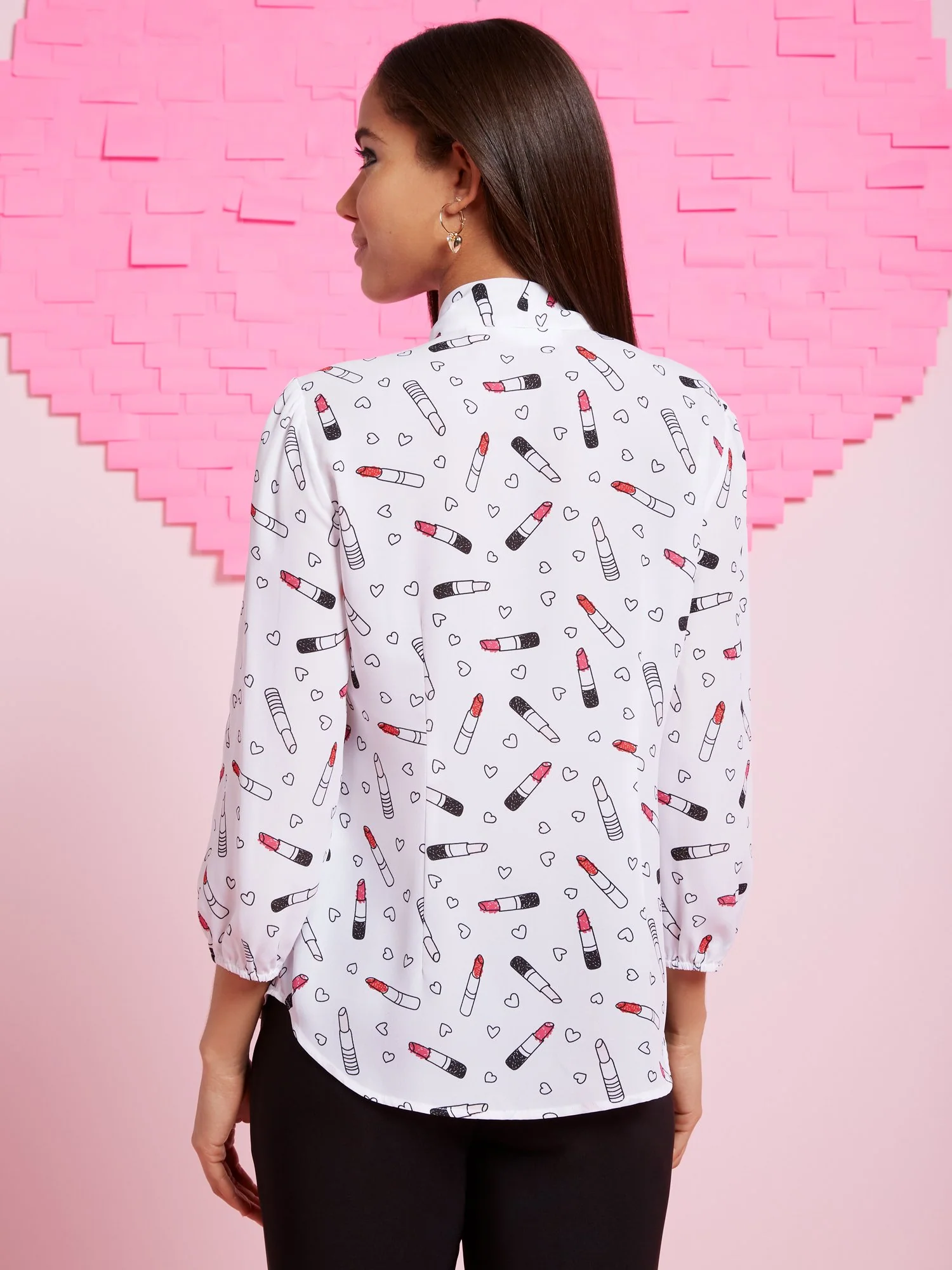 Lipstick-Print Tie-Front V-Neck Blouse - Image 3