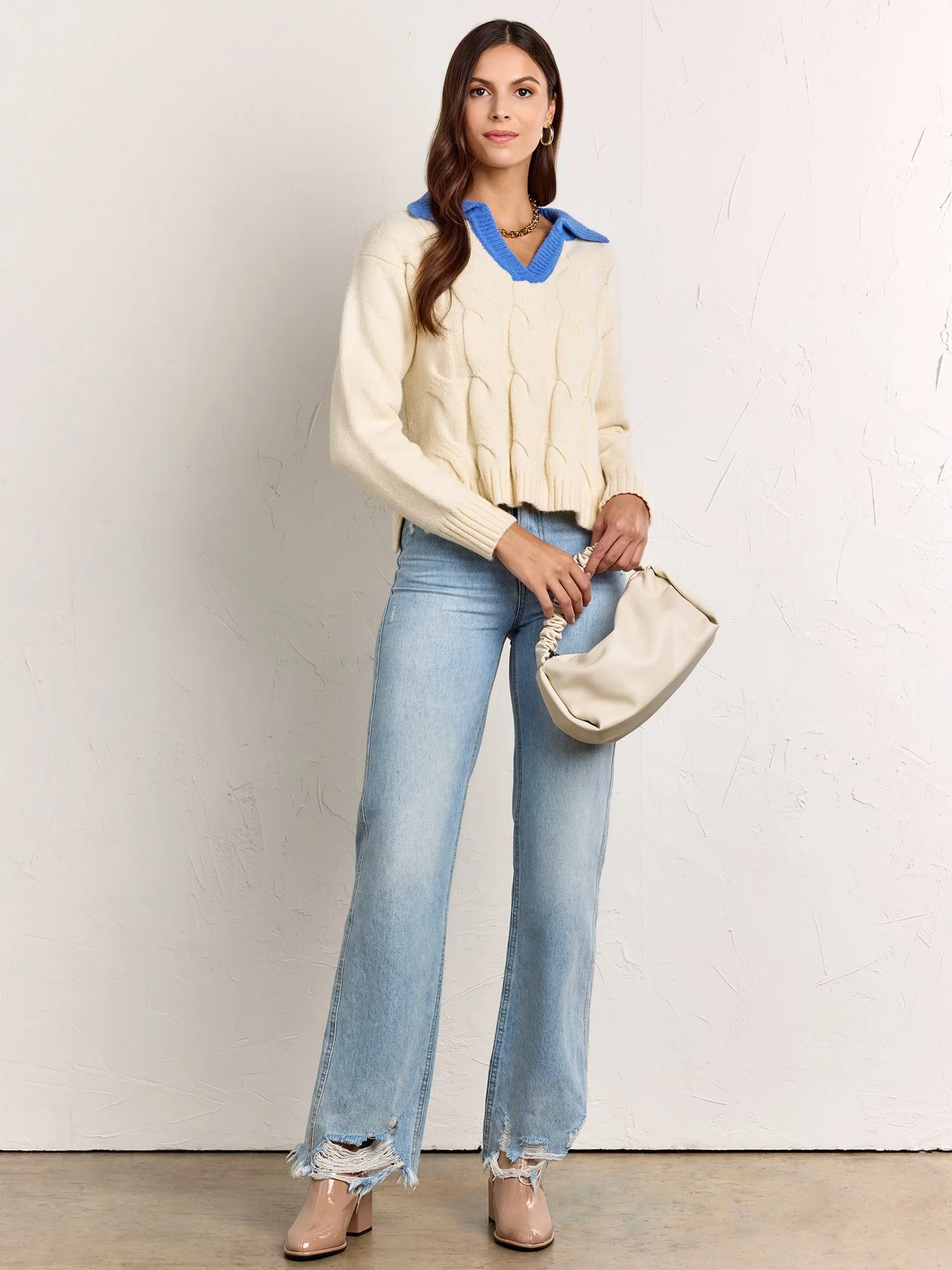 Crescent Long-Sleeve Blue Collar Cable Knit Pullover - Brands We Love - Image 3