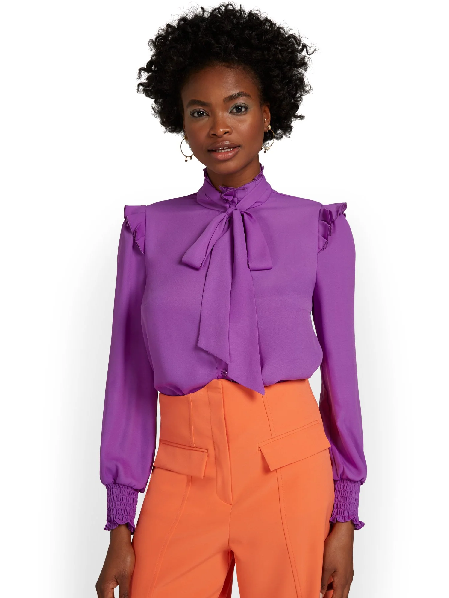 Long-Sleeve Bow-Neck Blouse