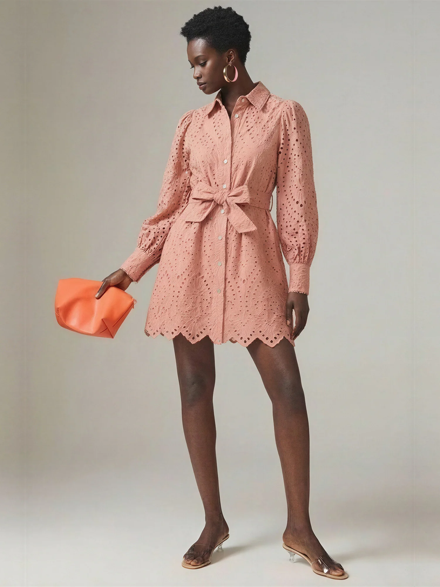 Long Sleeve Button Down Collar Eyelet Lace Fit A-Line Dress - Image 2
