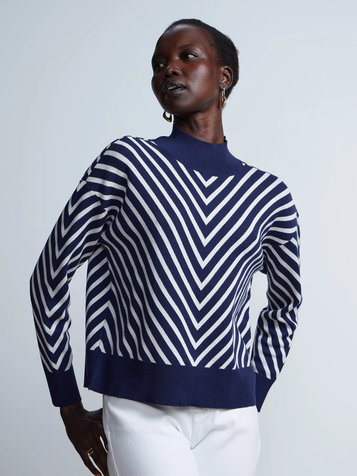 Long Sleeve Chevron Stripe Mock Neck Sweater - Image 5