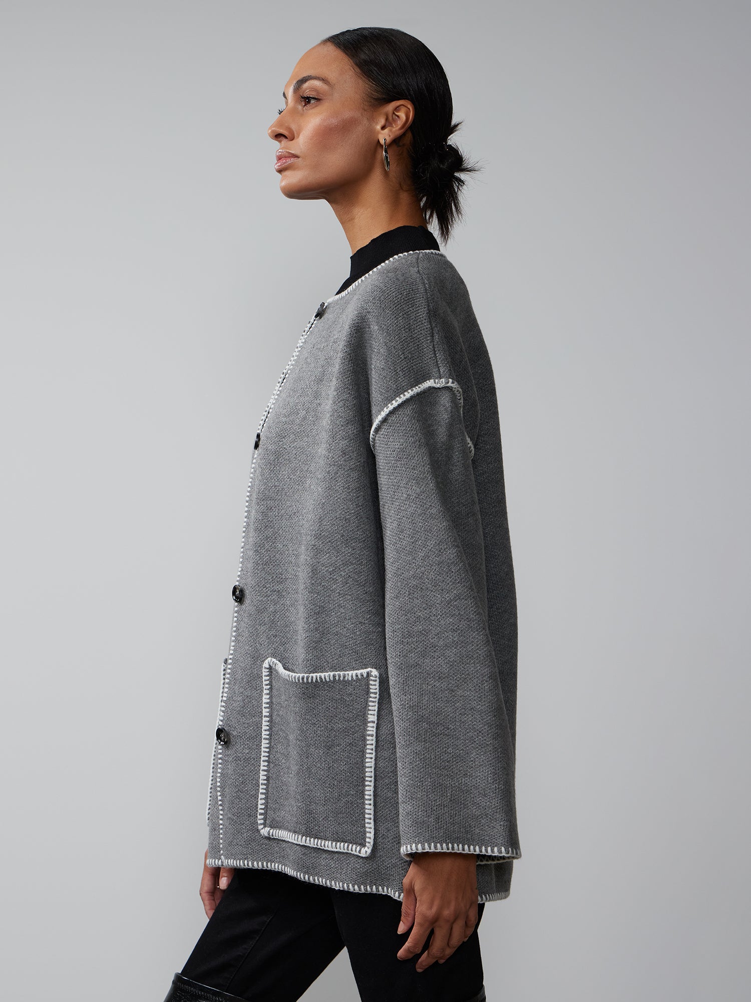 Long Sleeve Contrast Stitch Cardigan - Image 2