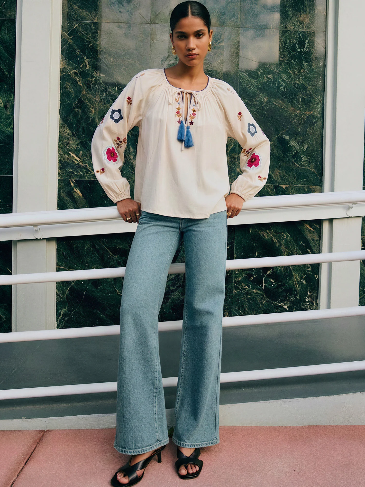 Long Balloon Sleeve Embroidered Peasant Blouse - Image 3