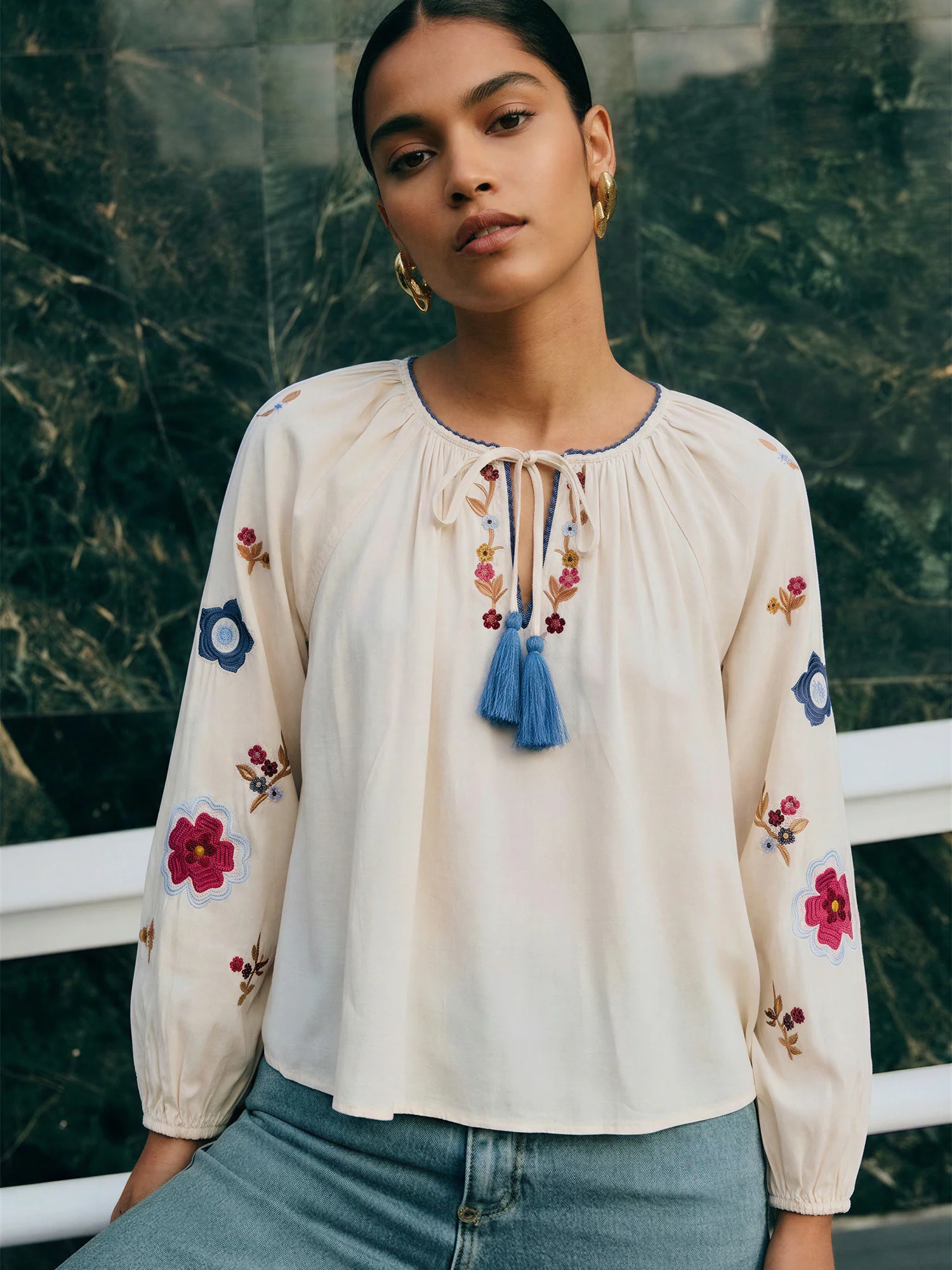 Long Balloon Sleeve Embroidered Peasant Blouse - Image 4