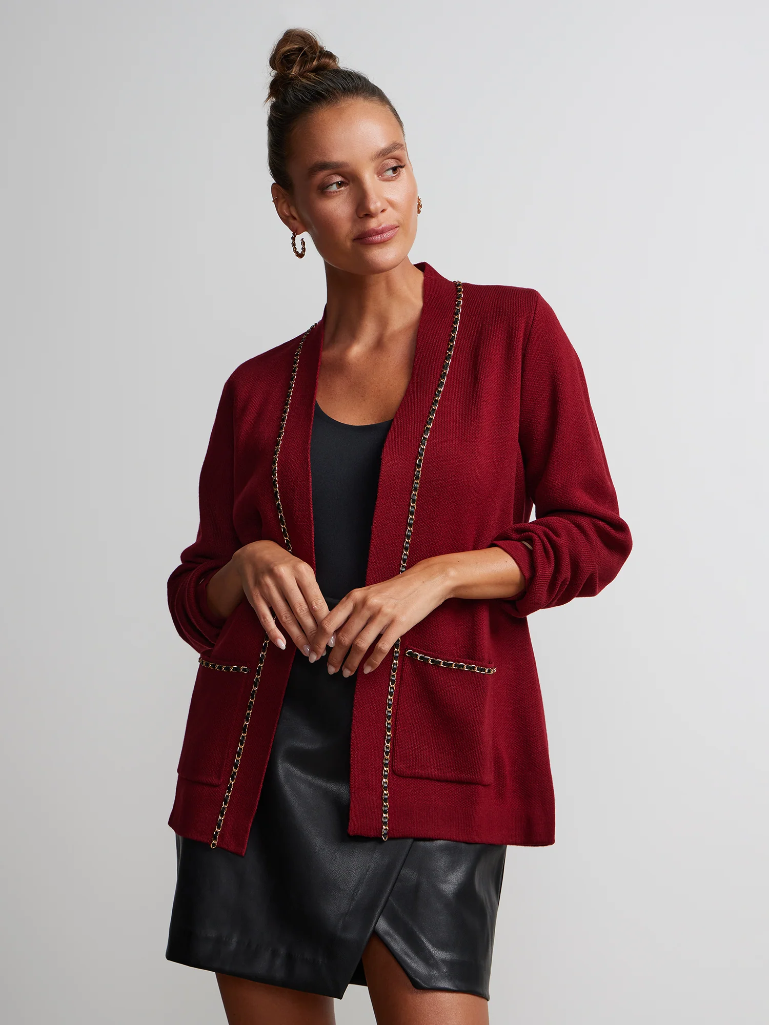 Long Sleeve Gold Chain Trim Cardigan - Image 5