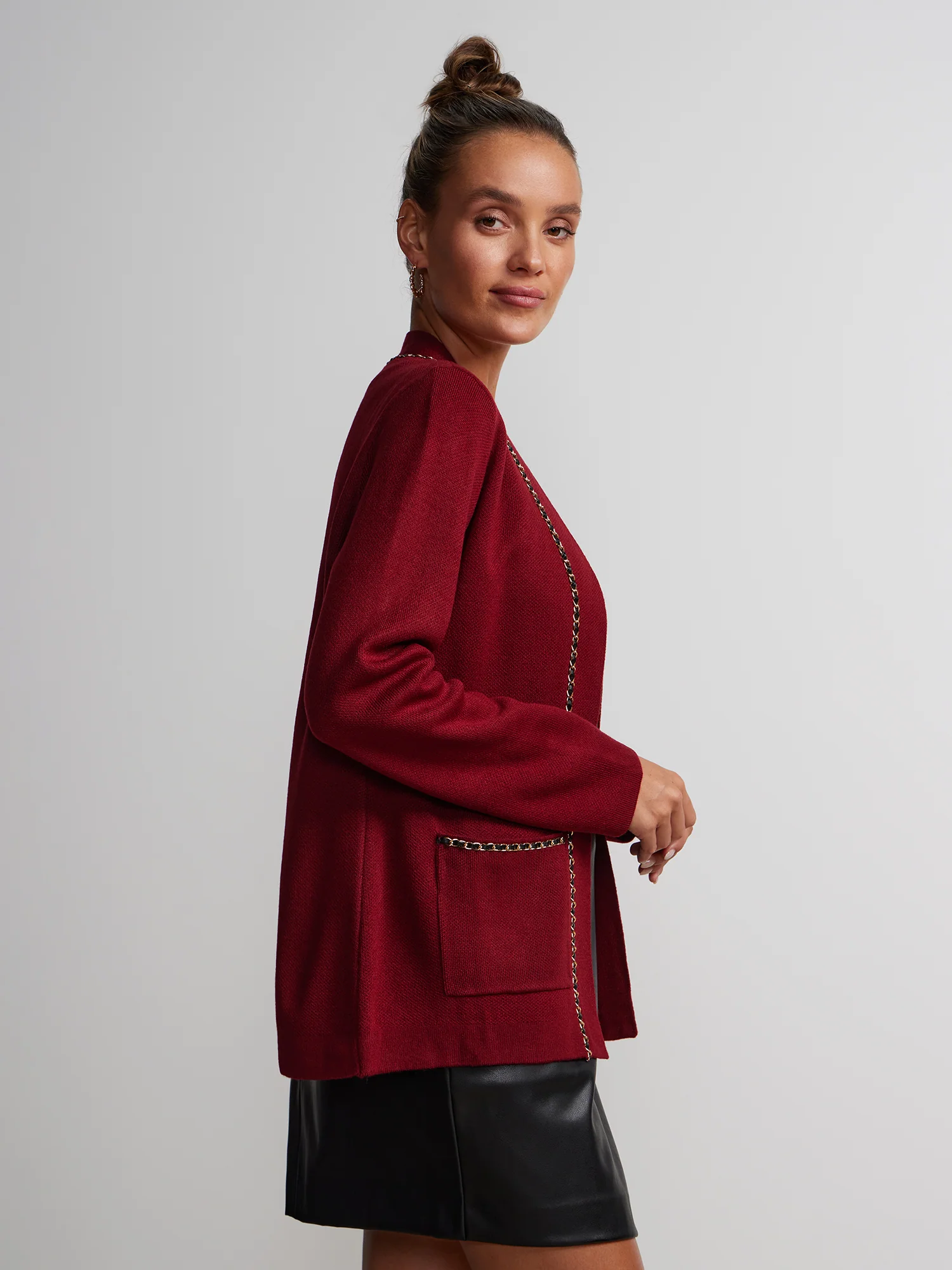 Long Sleeve Gold Chain Trim Cardigan - Image 6