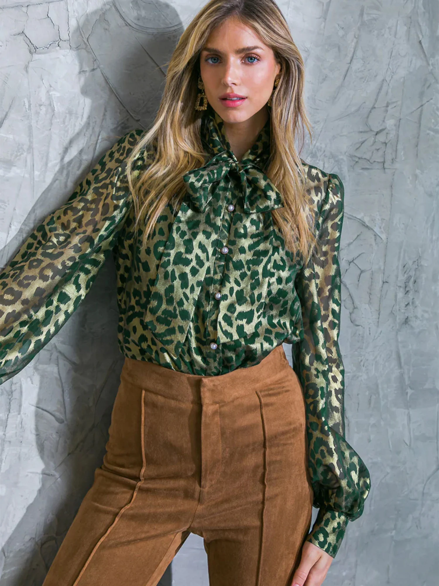Flying Tomato Long Sleeve Leopard Foil Bow Blouse - Brands We Love