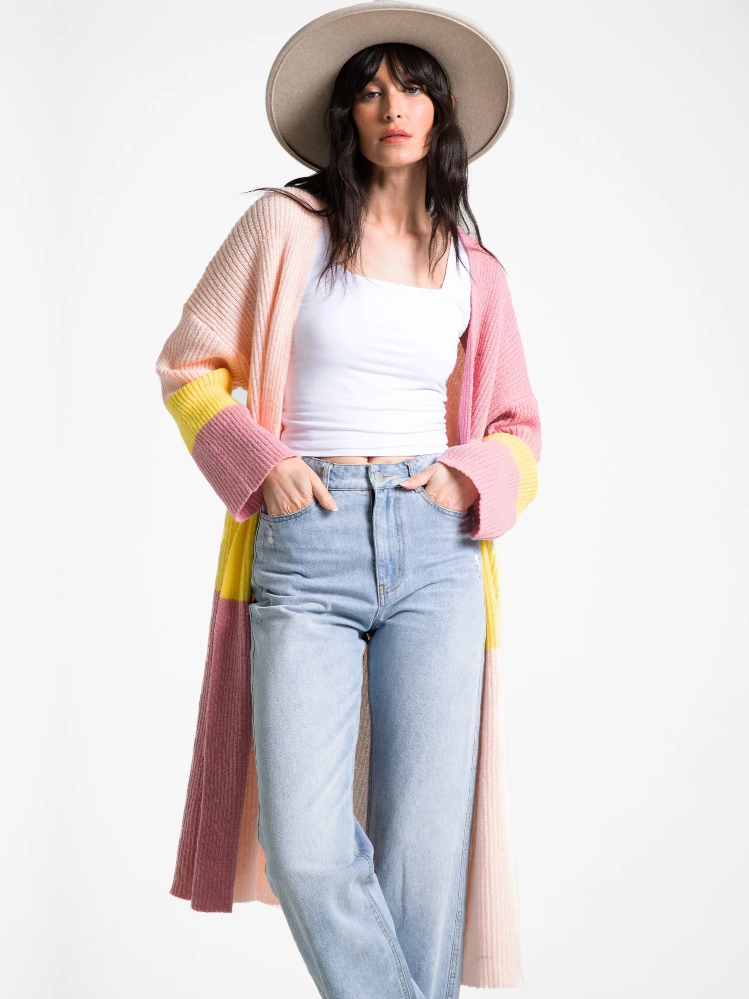 Long-Sleeve Pastel Colorblock Ribbed Cardigan