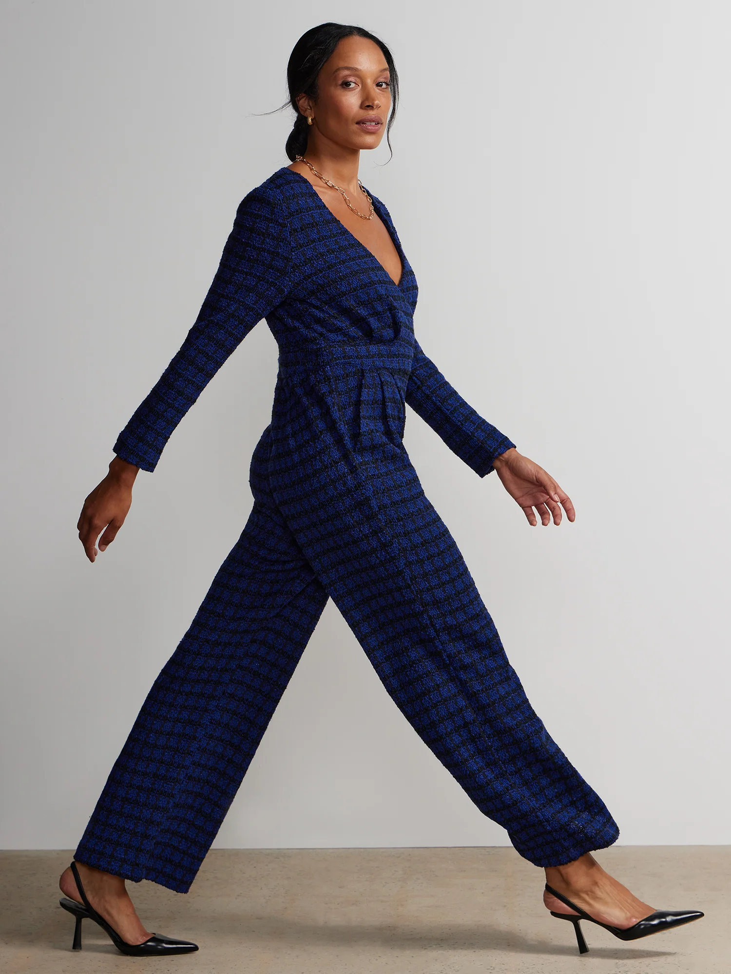Long Sleeve Plaid Tweed Jumpsuit - Image 2