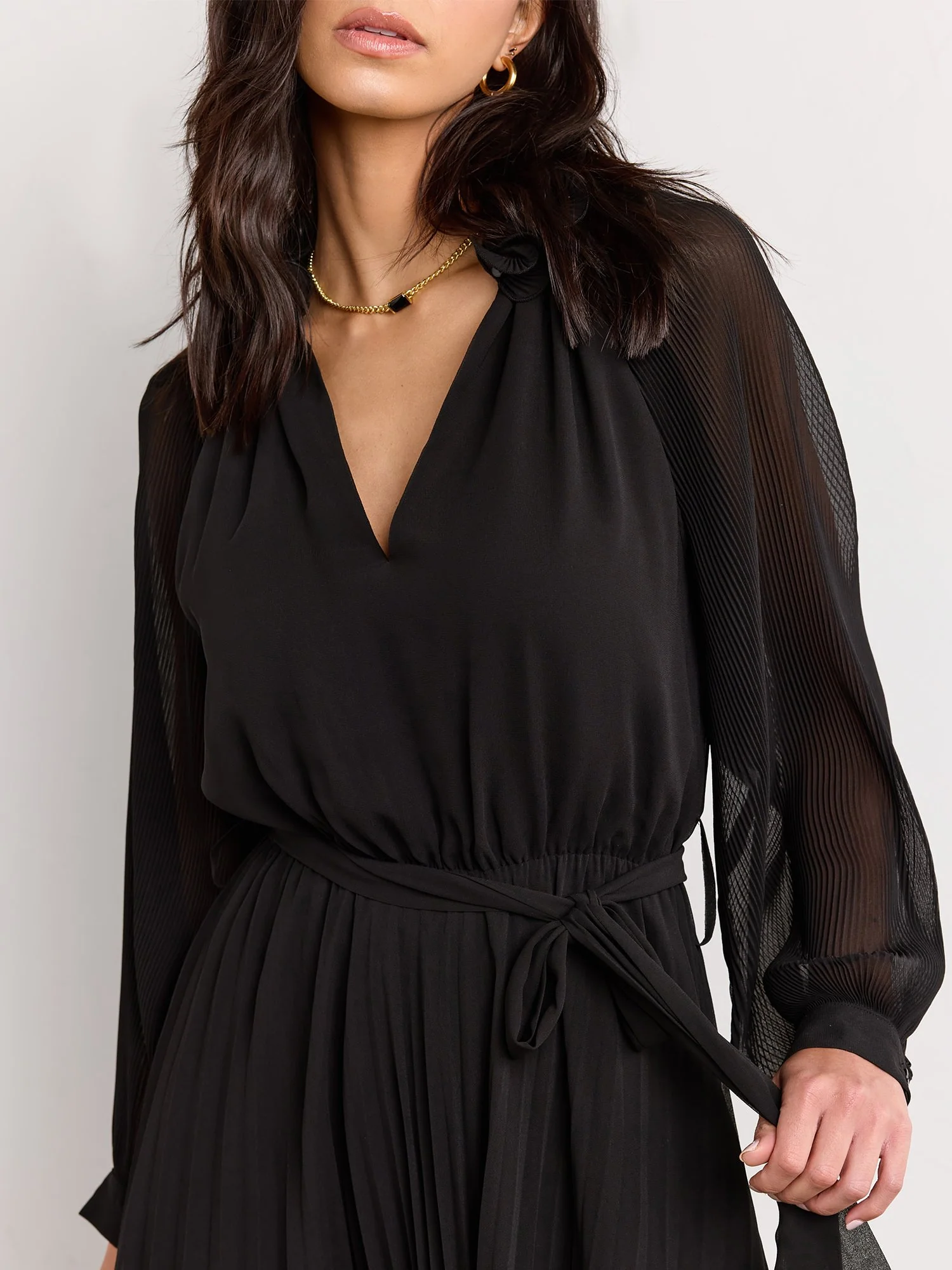 Long-Sleeve Ruffle Neck Pleated Midi Dress - Luxy USA - Image 4