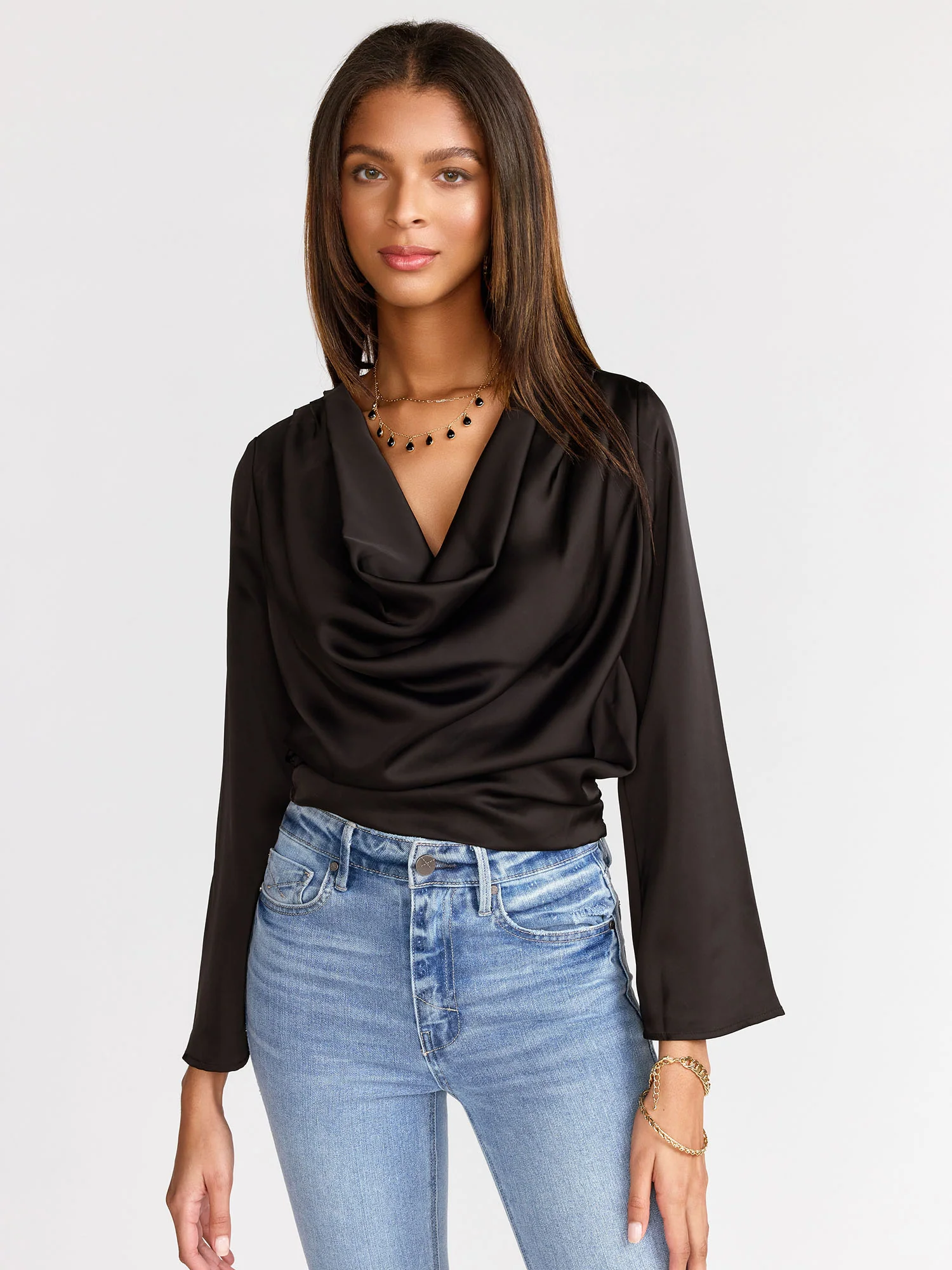 Long Sleeve Satin Draped Blouse - Luxy USA - Image 2