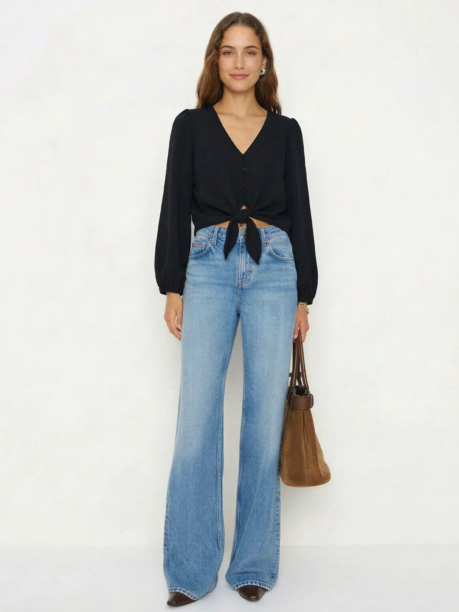 Long Sleeve Tie Front Blouse - Image 2