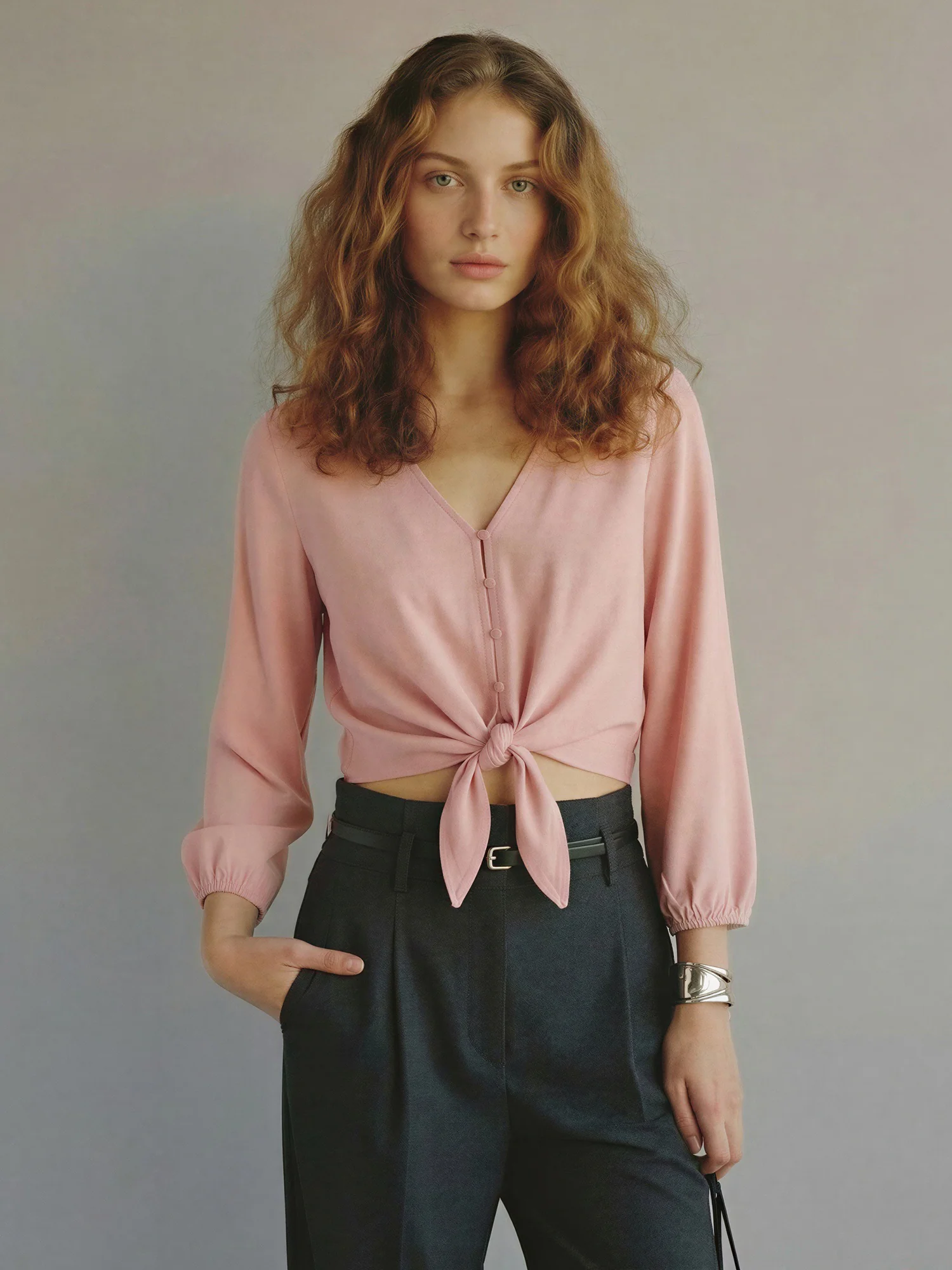 Long Sleeve Tie Front Blouse - Image 5