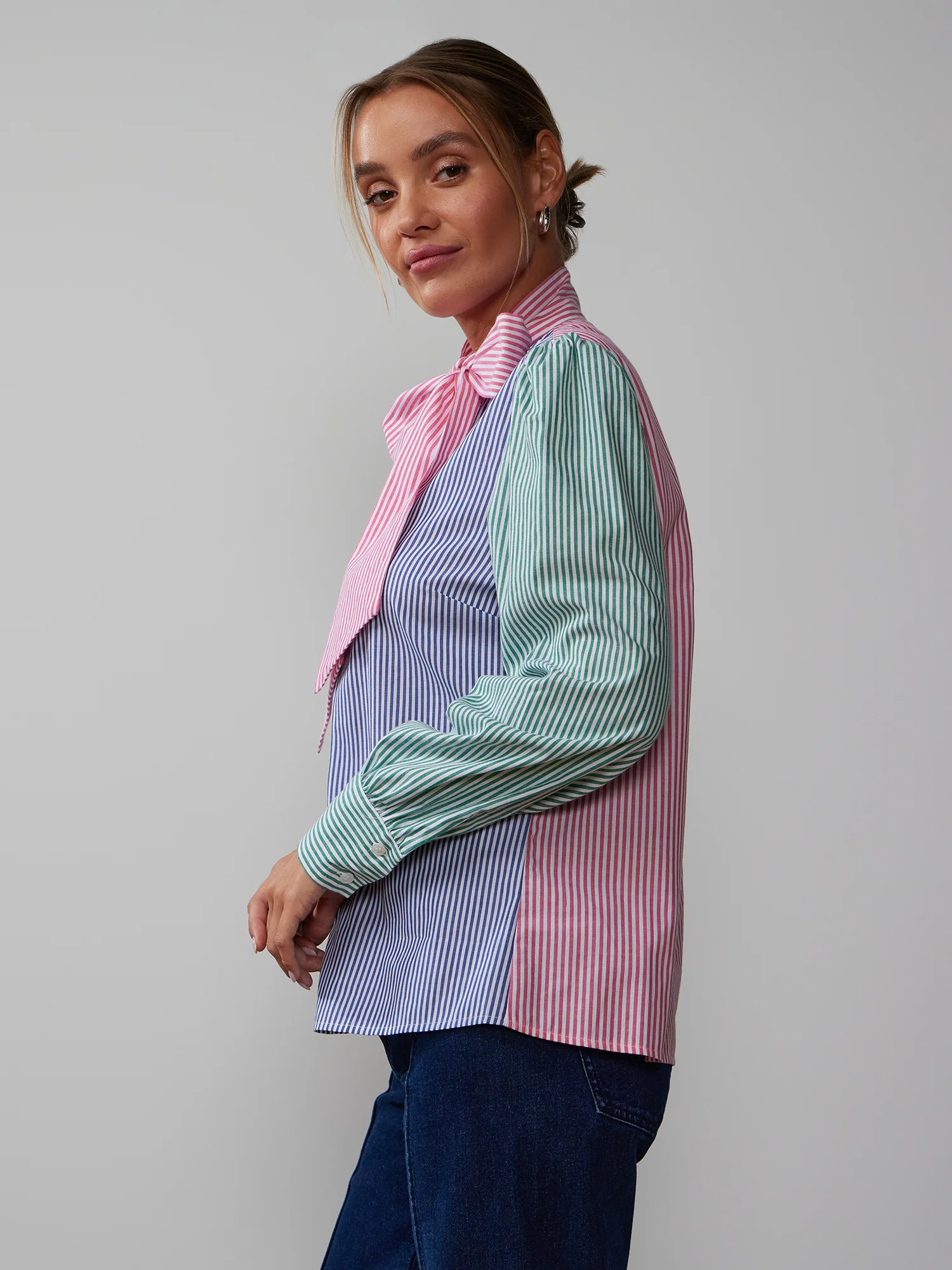 Long Sleeve Tie Neck Stripe Blouse - Image 2