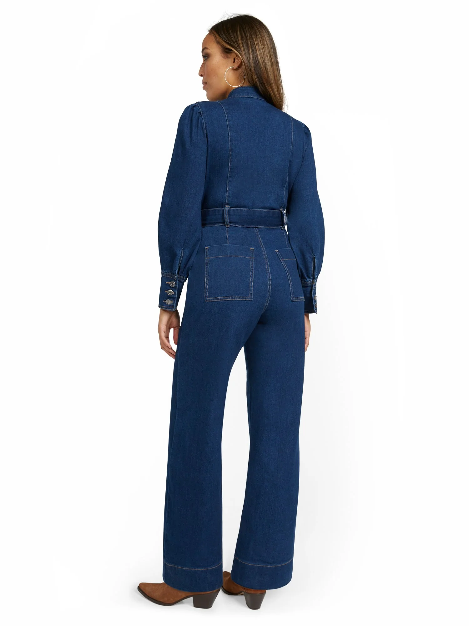 Long-Sleeve Wide-Leg Denim Jumpsuit - Image 3