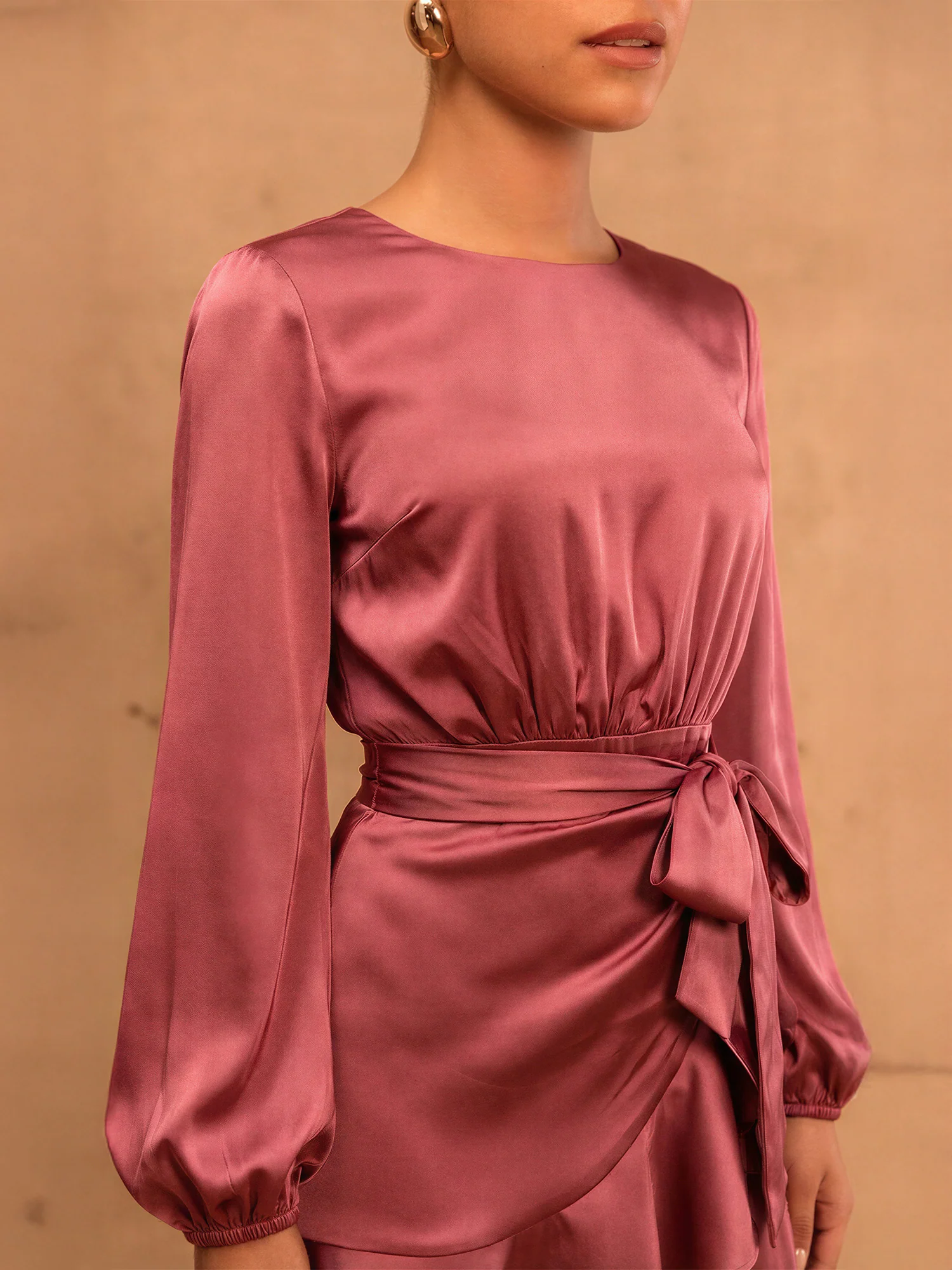 Long Sleeve Wrap Satin Mini Dress - Image 7