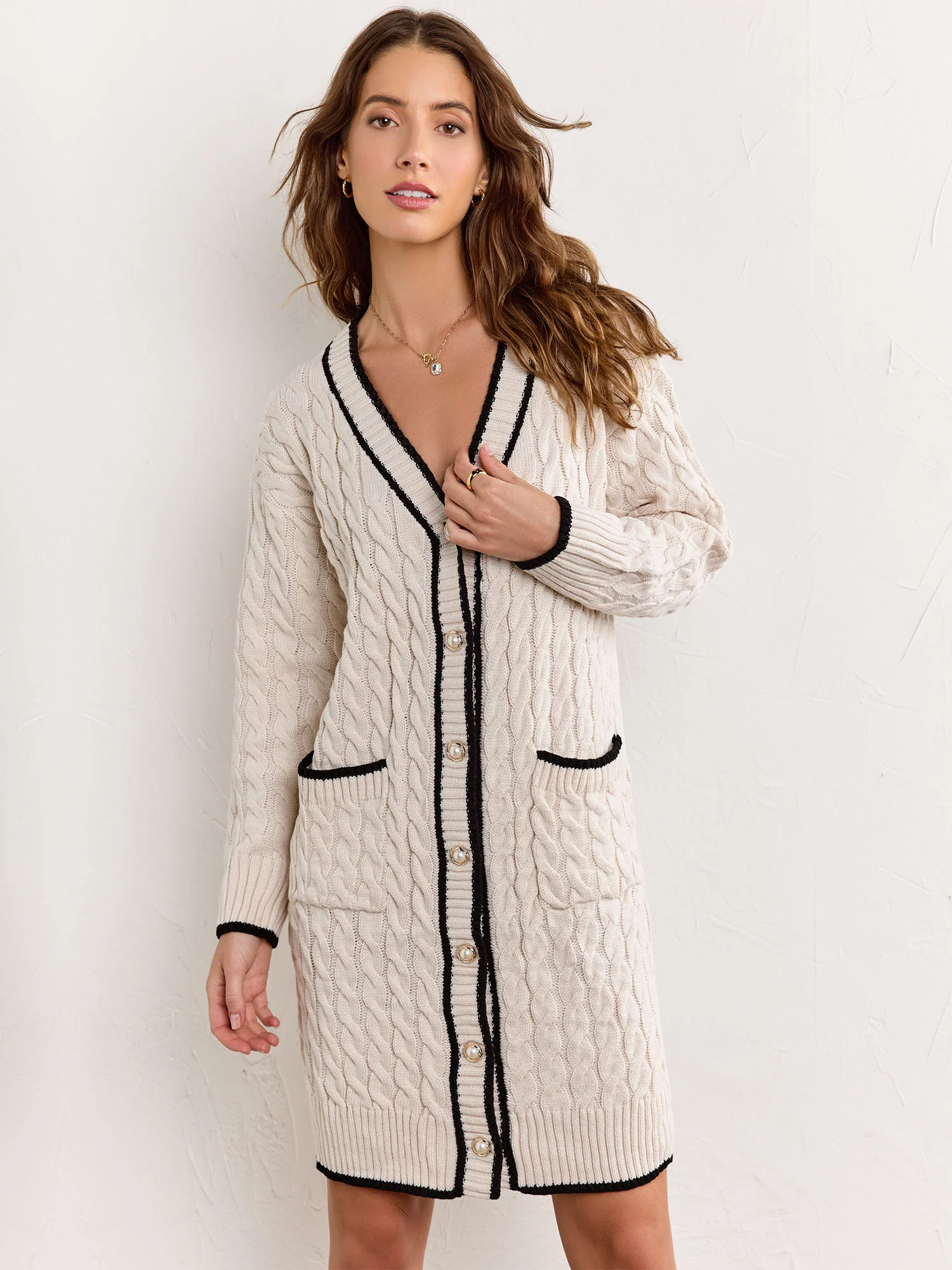 Longline Contrast Trim Cable Knit Cardigan - Fore Collection - Image 12