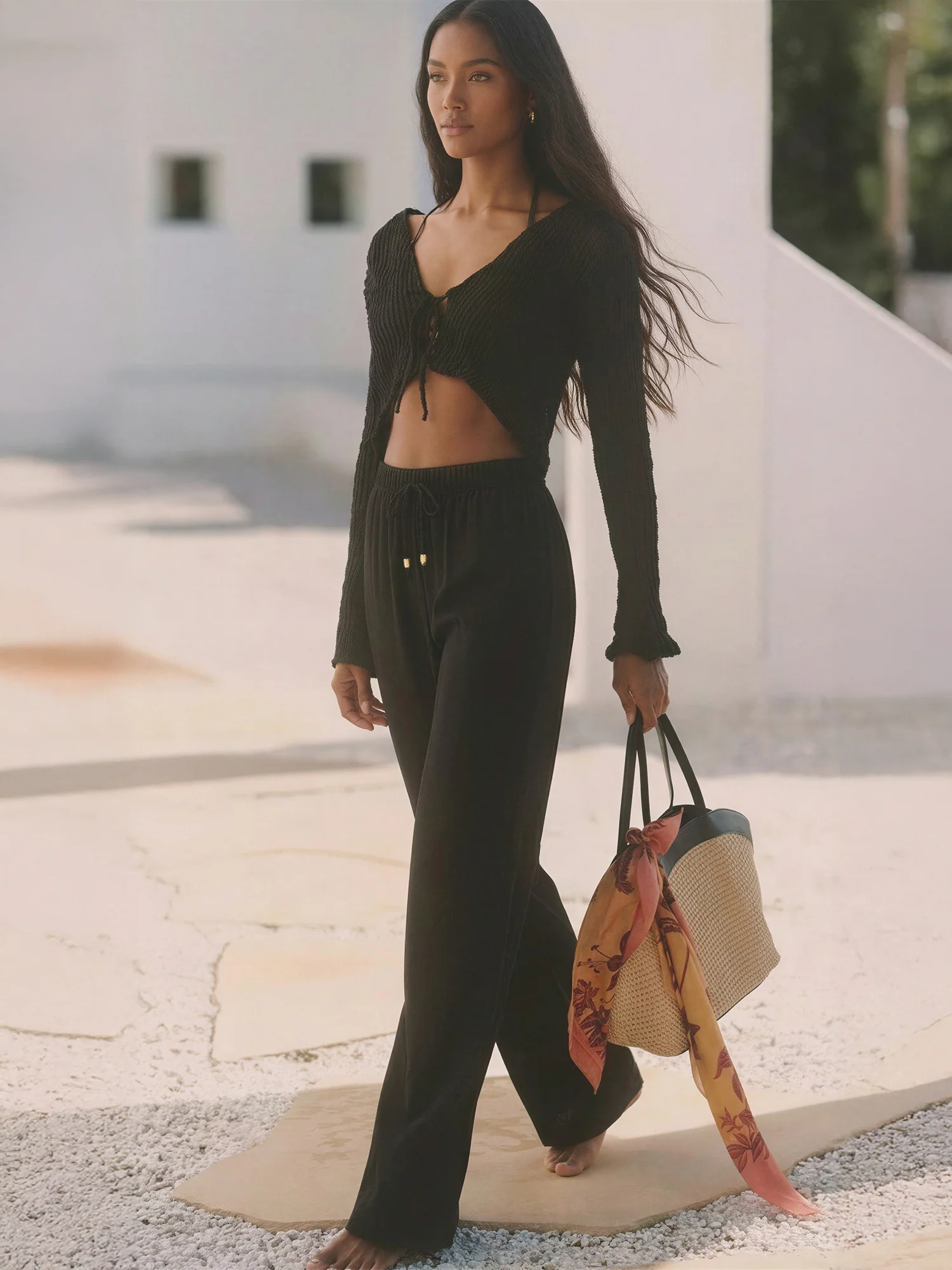Beaded Tie Waist Linen Flowy Pants