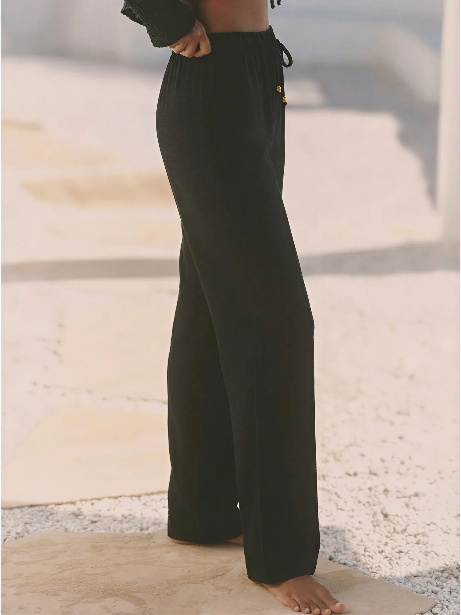 Beaded Tie Waist Linen Flowy Pants - Image 2