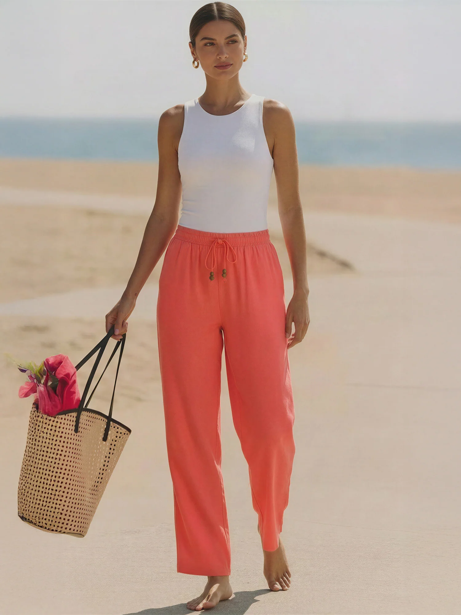 Beaded Tie Waist Linen Flowy Pants - Image 6