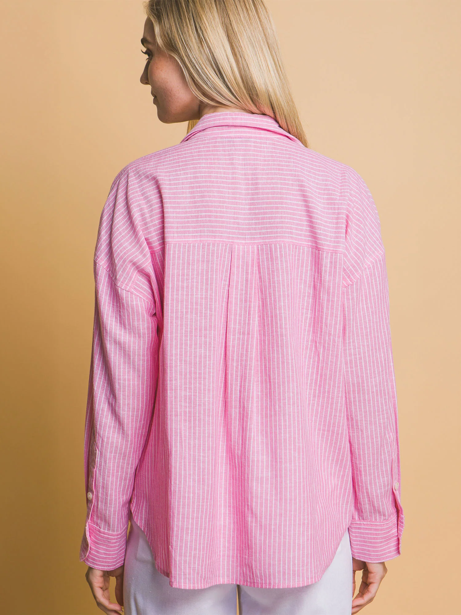 Long Sleeve Striped Collared Linen Blend Button Down Shirt - Image 17