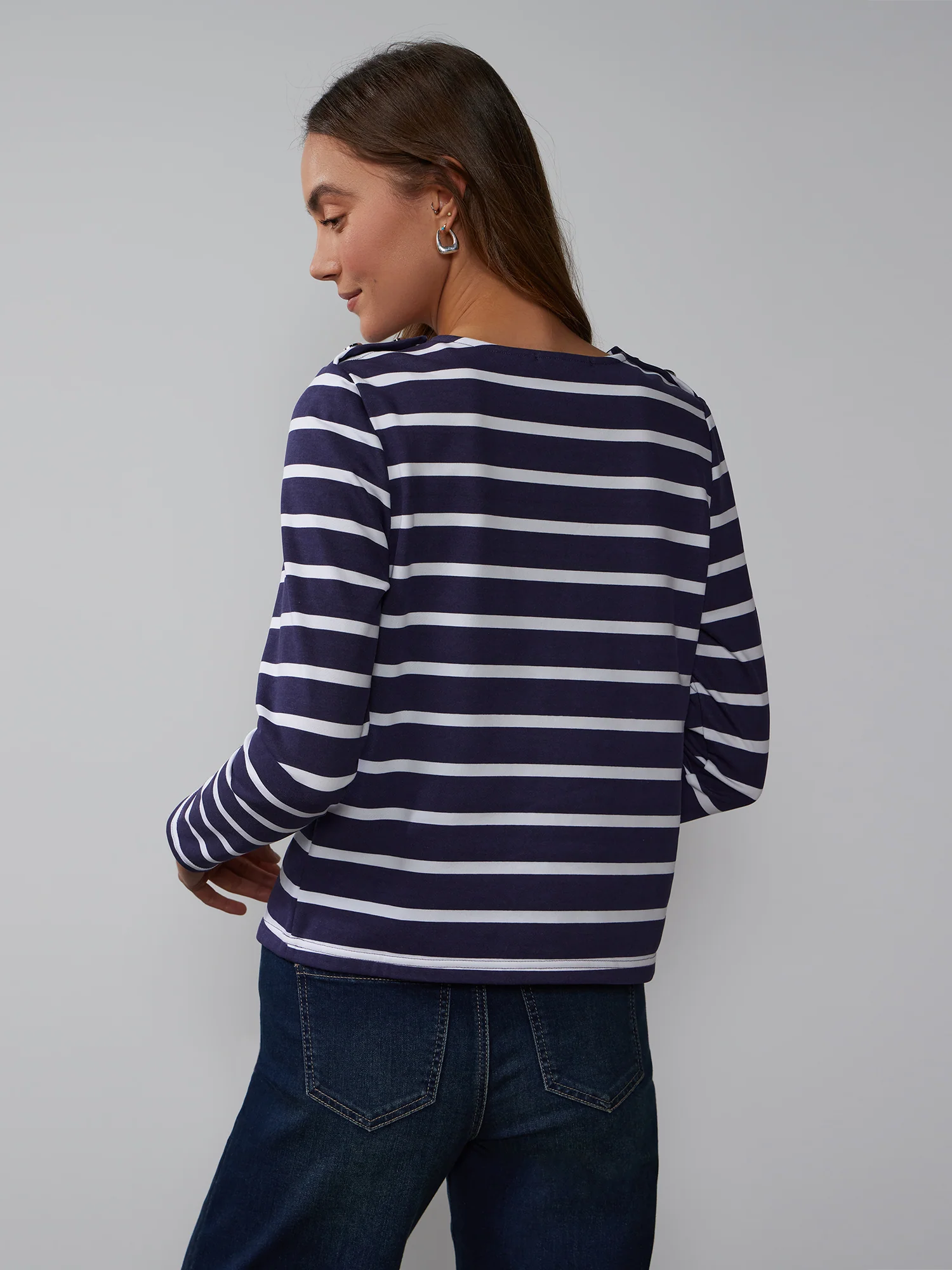Long Sleeve Button Shoulder Striped Top - Image 18