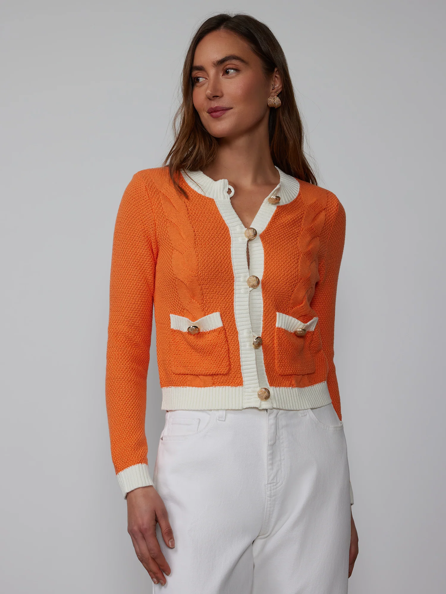 Long Sleeve Cable Gold Button Cardigan - Image 6