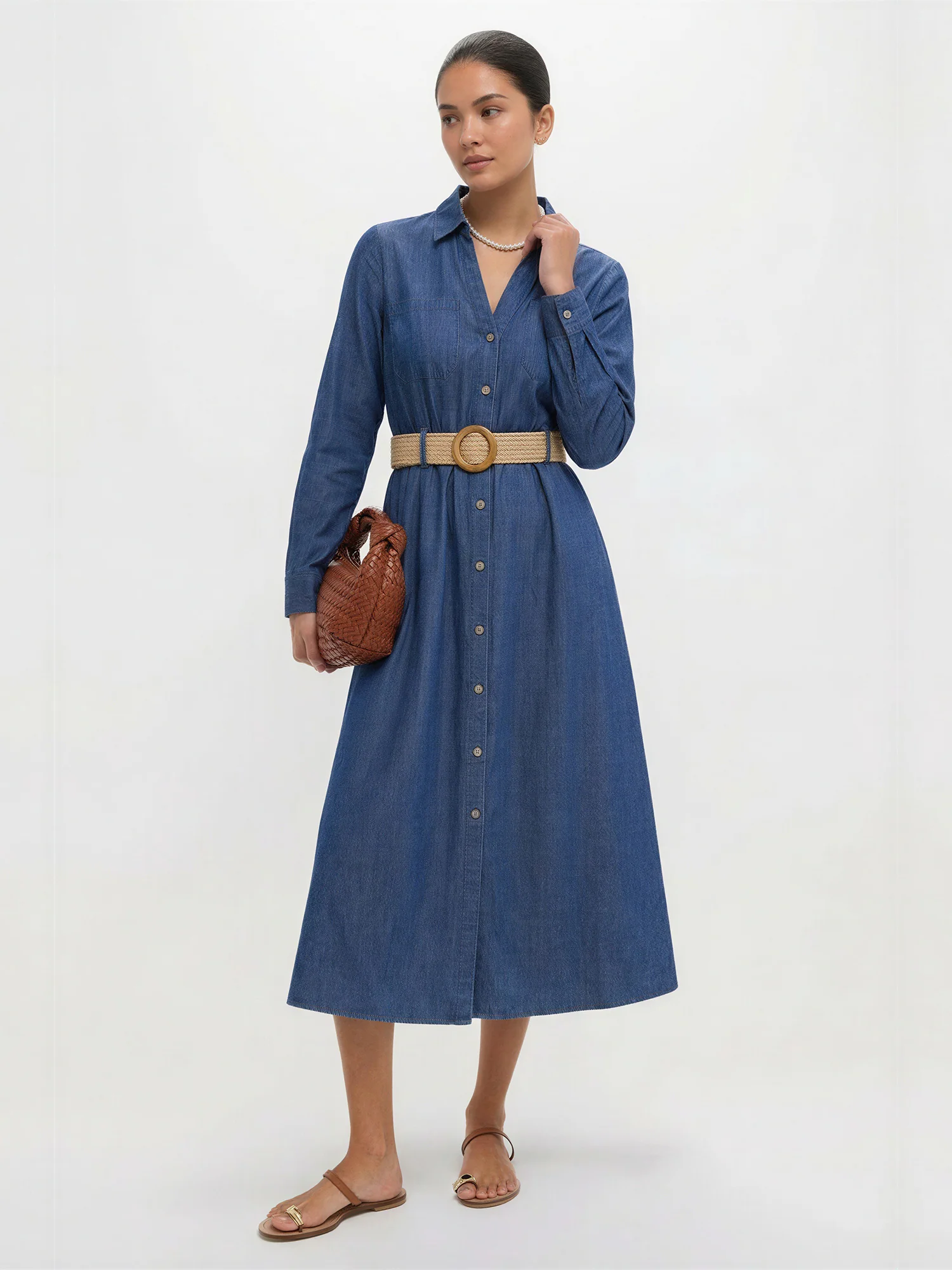 Long Sleeve Chambray Belted Shirt Midi Dress