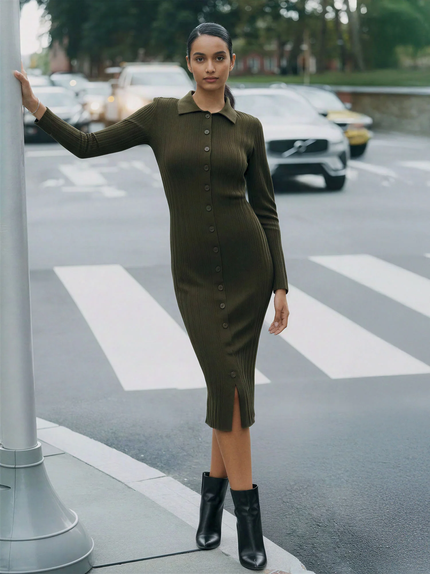 Collared Button Down Shirt Sweater Midi Dress - Image 8