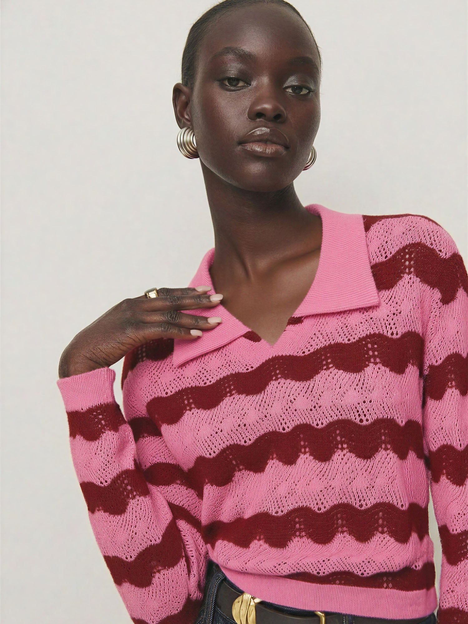 Collared Crochet Stripe Sweater - Image 2