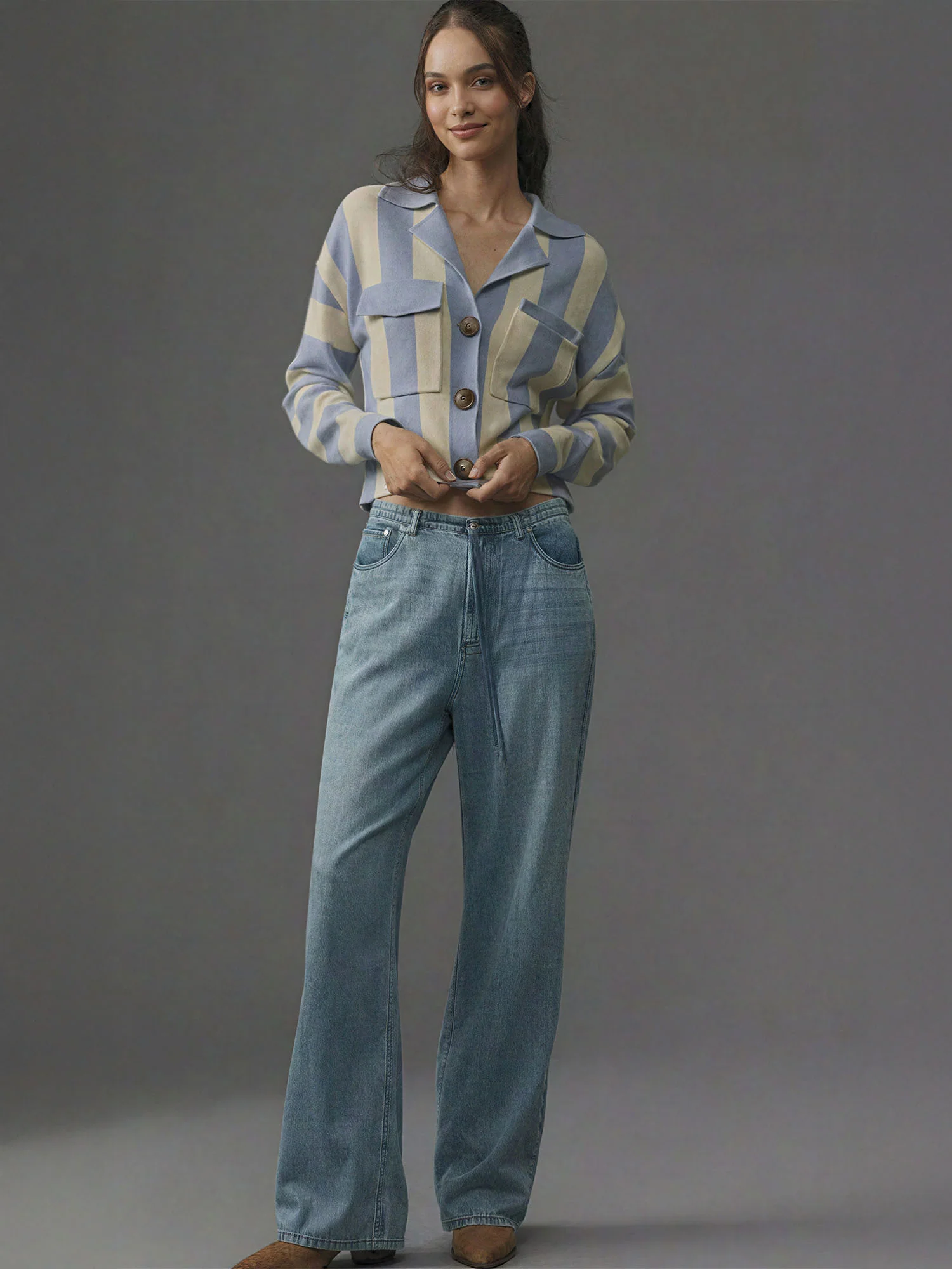 Collared Stripe Button Front Cardigan - Image 2
