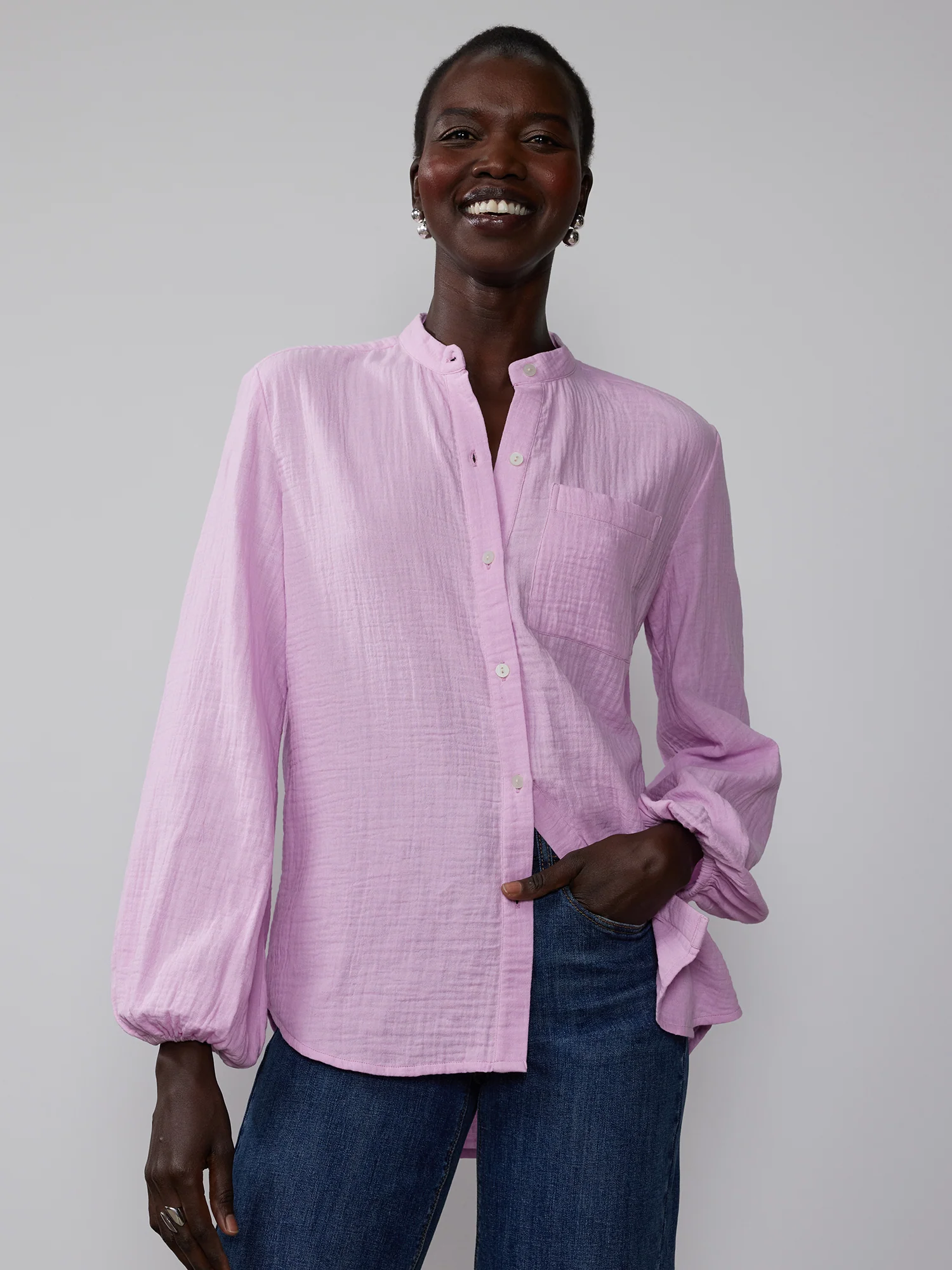 Balloon Sleeve Cotton Gauze Button Down Shirt - Image 9