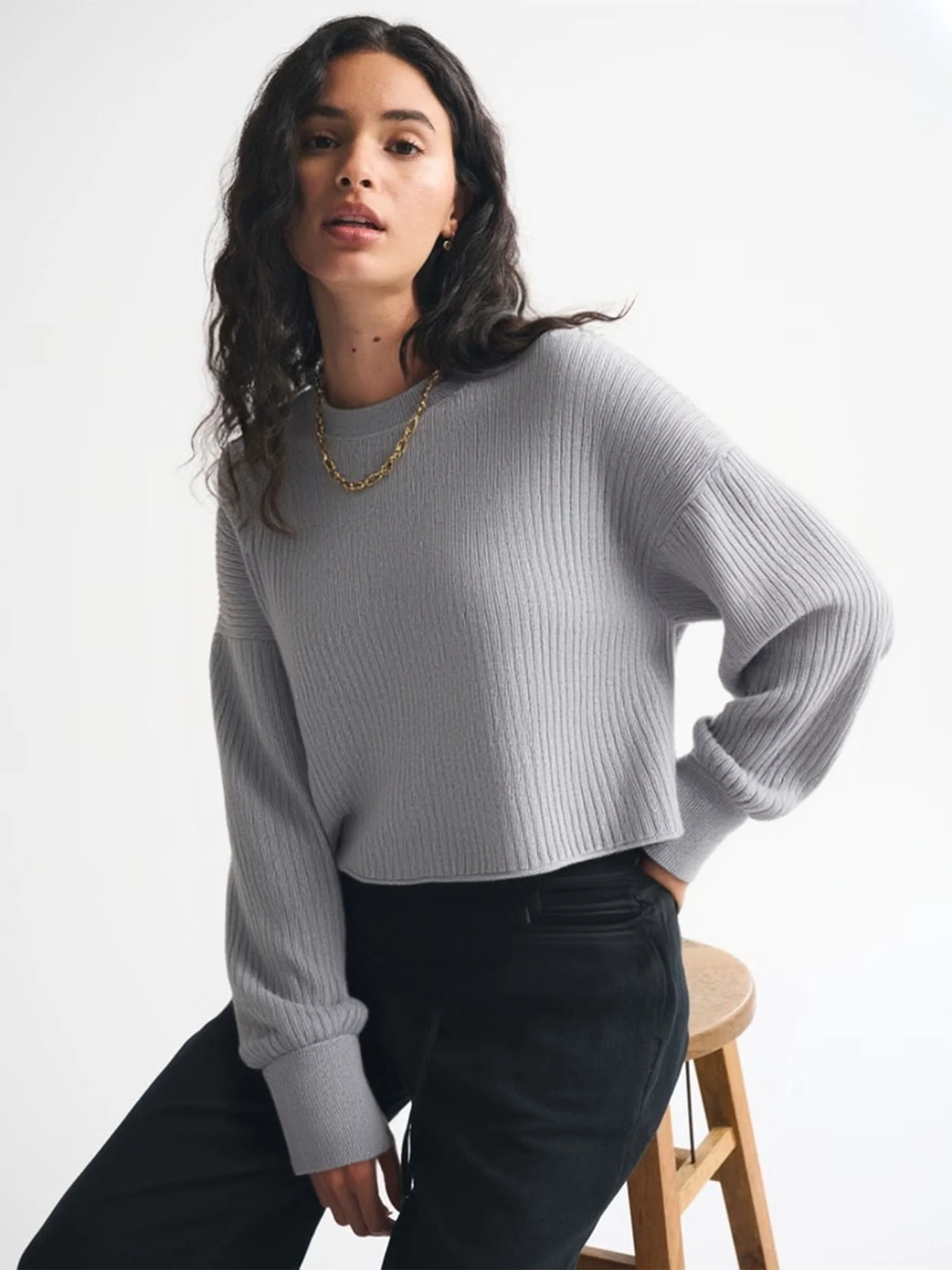 Crew Neck Ribbed Drop Shoulder Sweater - Image 8