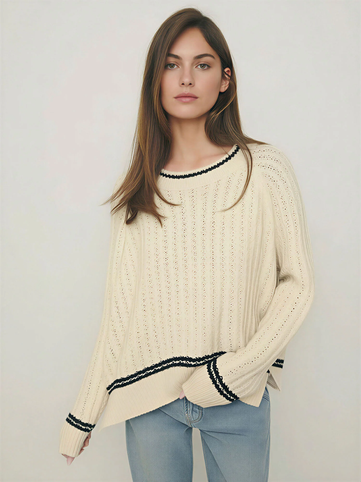 Crewneck Pointelle Broder Trim Pullover Sweater