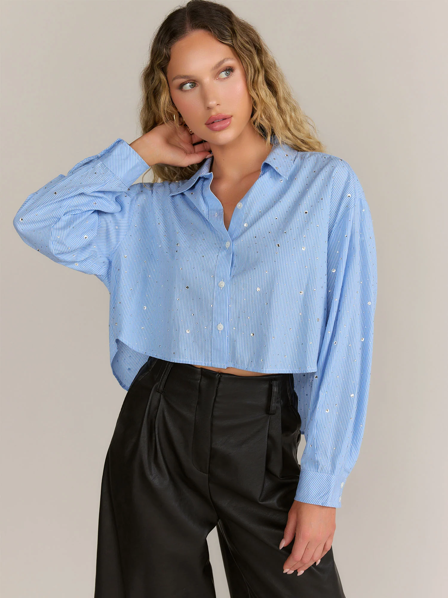 Blue B Long Sleeve Crystal Embellished Hi-Lo Shirt - Brands We Love