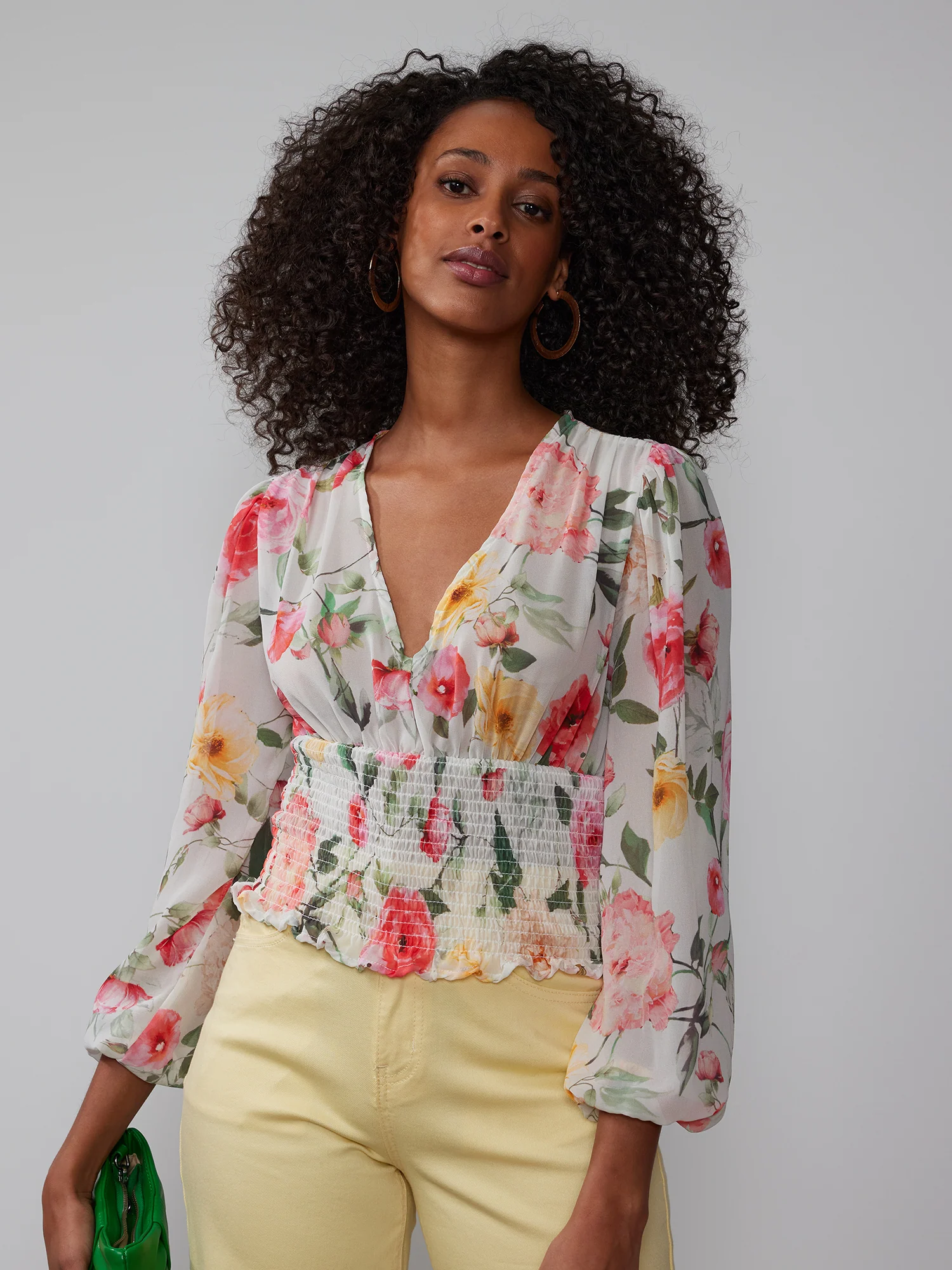 V-Neck Smocked Bodice Floral Blouse