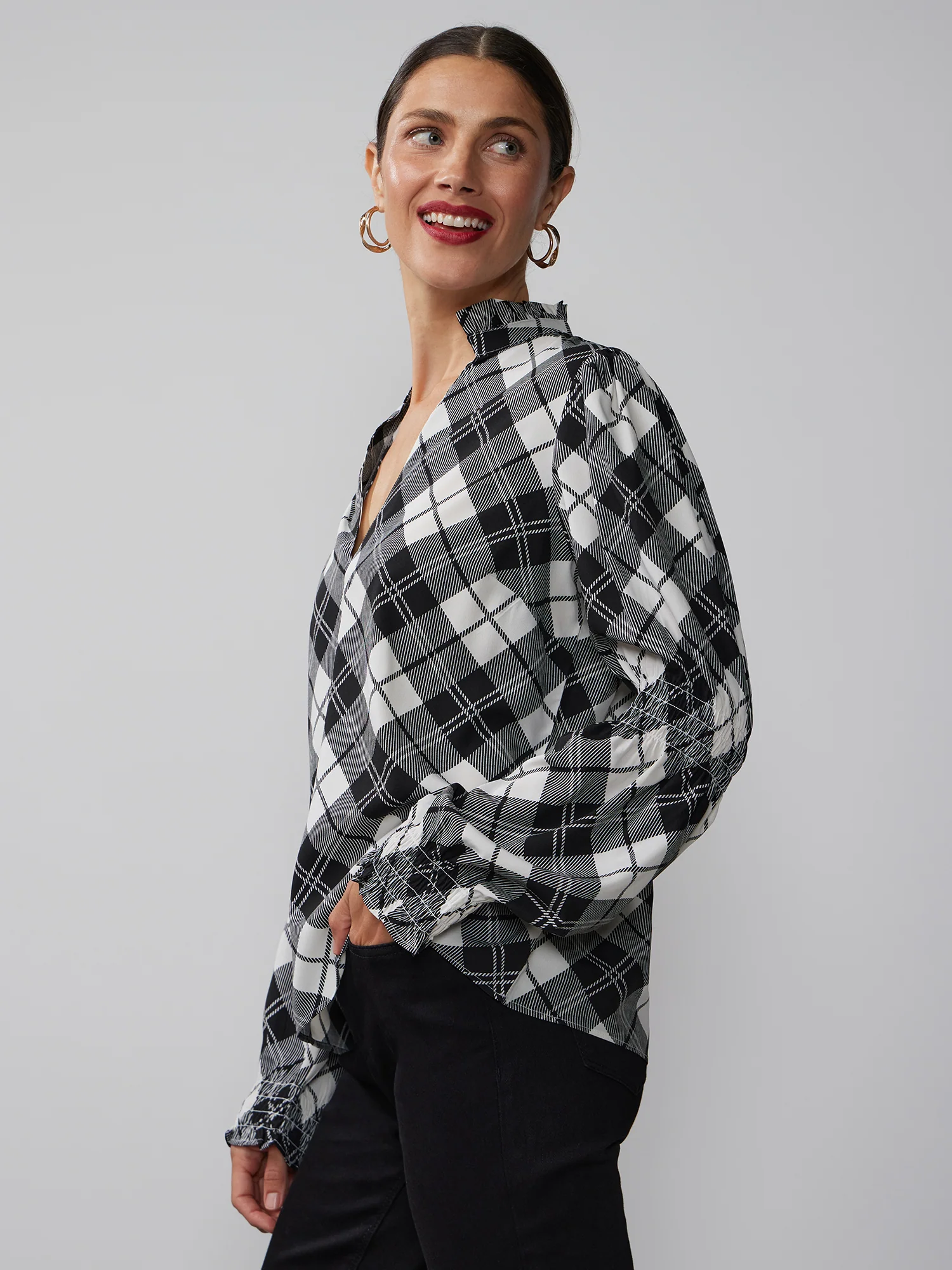 Long Sleeve V-Neck Plaid Blouse - Image 2