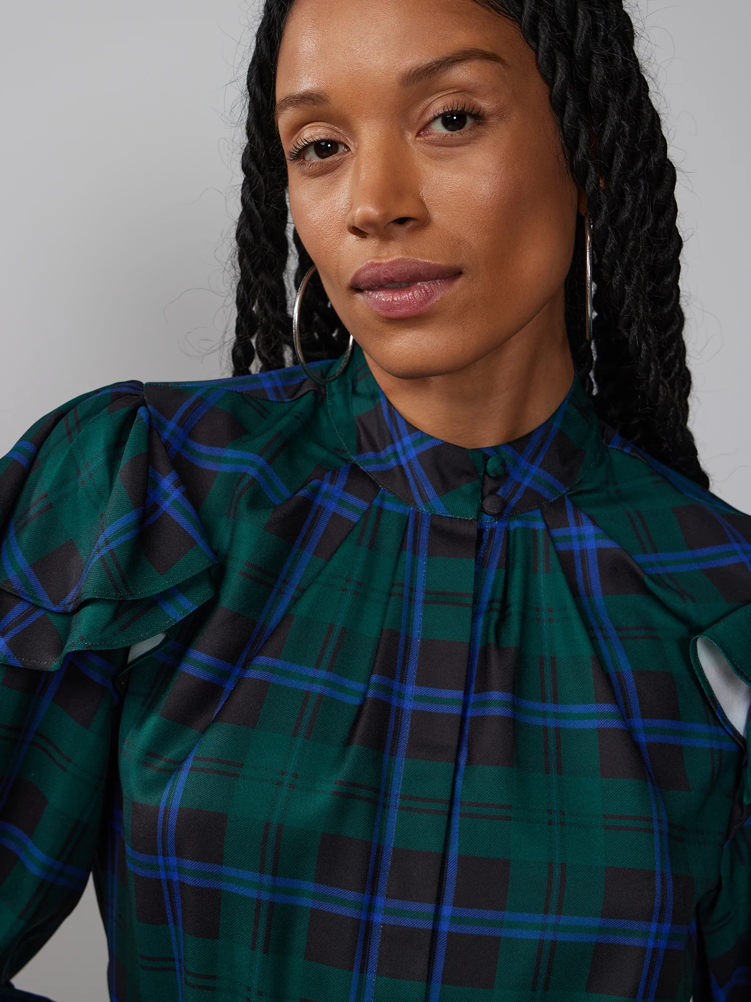 Ruffle Sleeve Mock Neck Flannel Blouse - Image 7