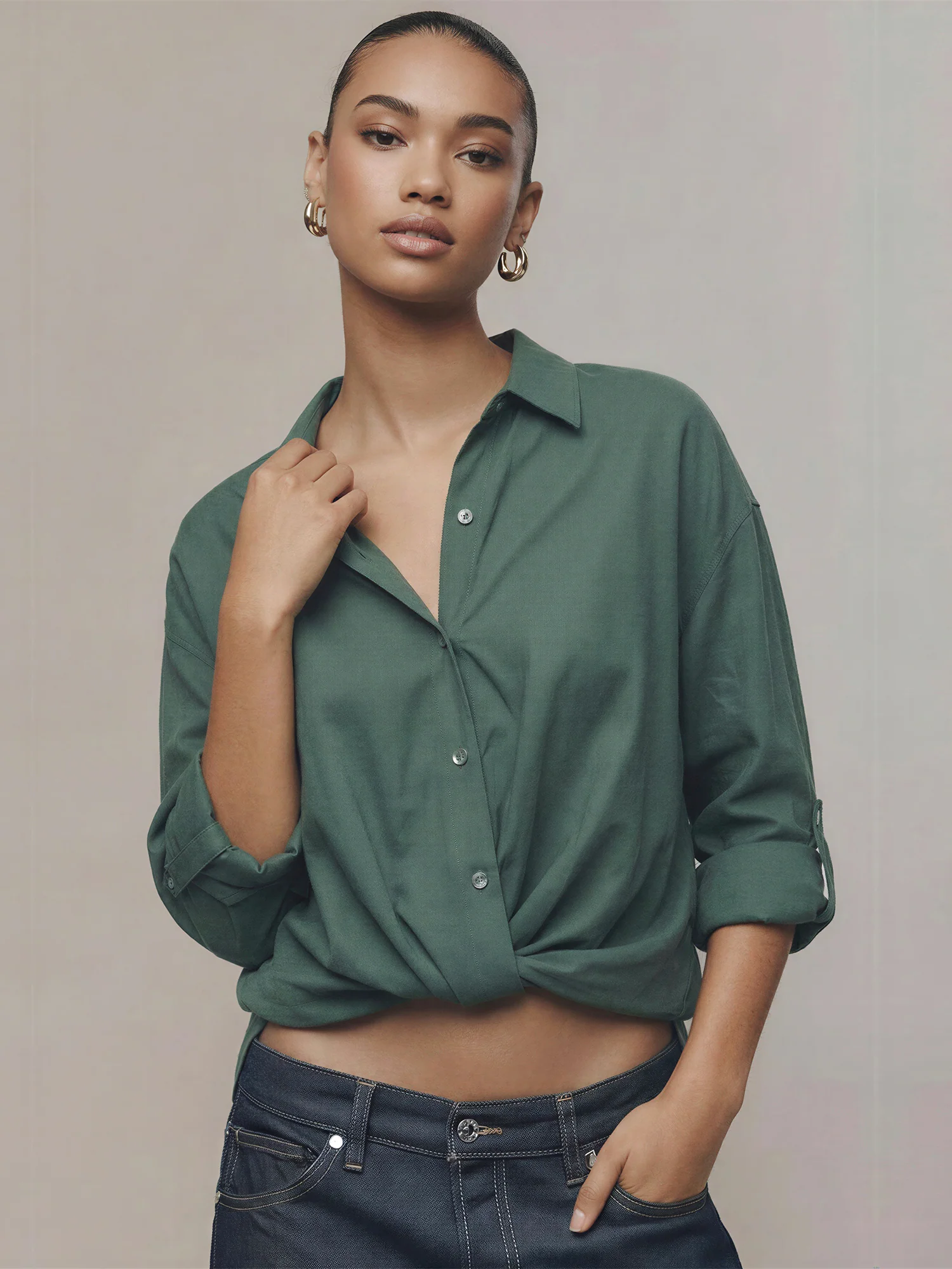 Longsleeves Linen Blend Twist Hem Button Down Crop Shirt - Image 7