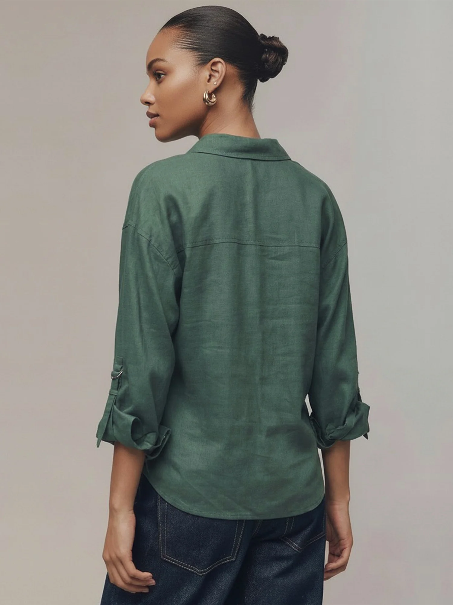 Longsleeves Linen Blend Twist Hem Button Down Crop Shirt - Image 9
