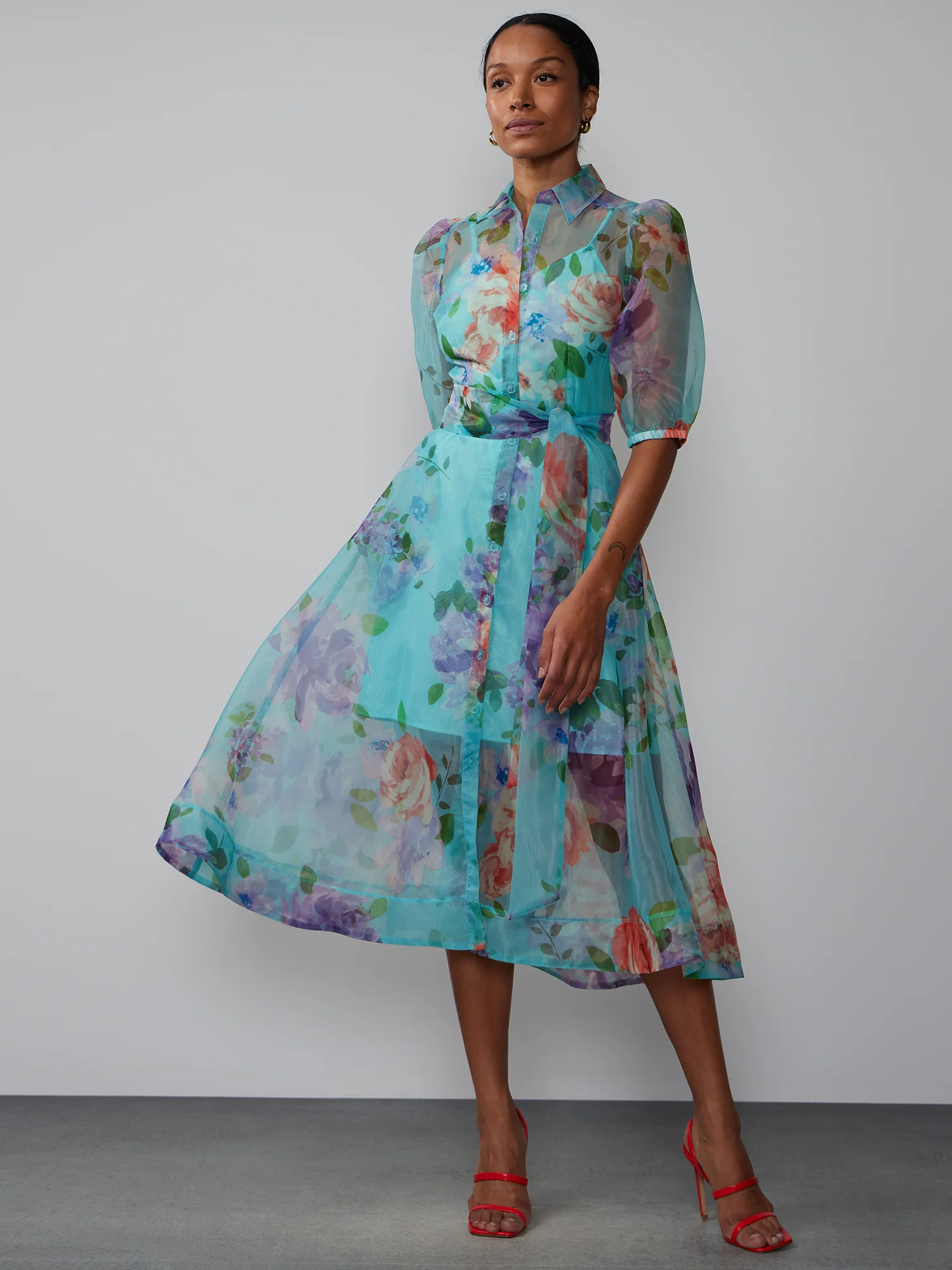 Short Sleeve Floral Organza Shirt Dress