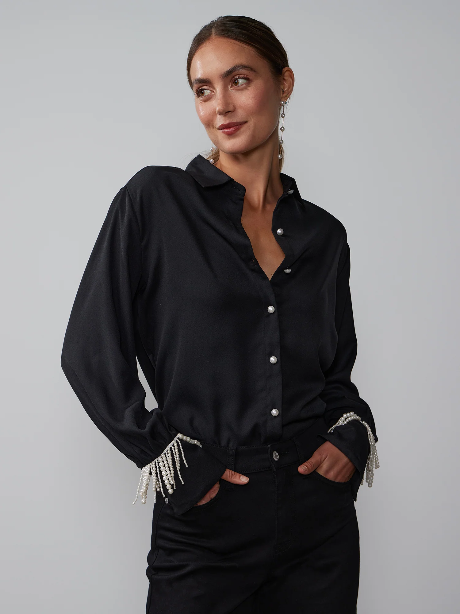 Long Sleeve Pearl Fringe Button Front Top