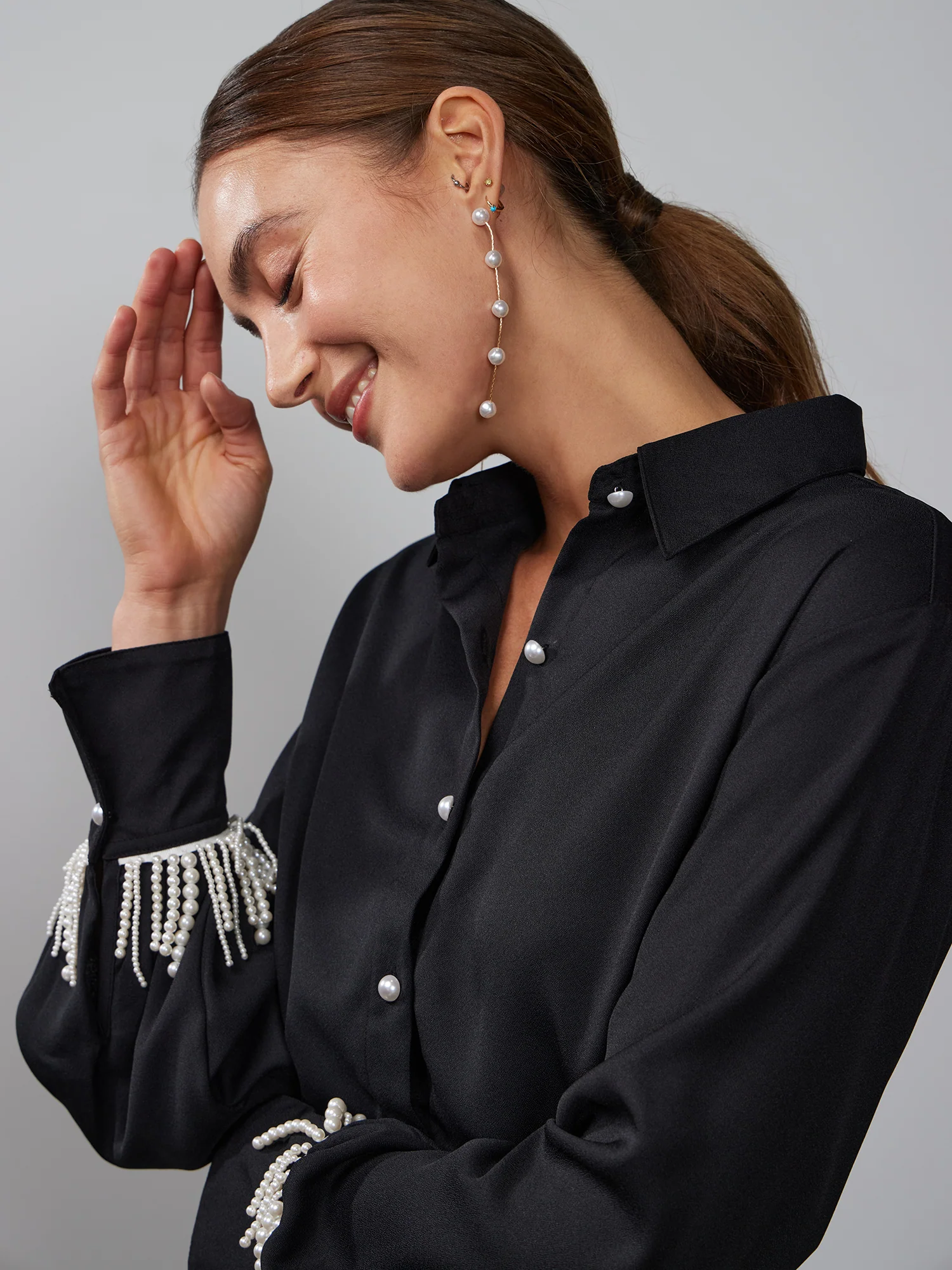 Long Sleeve Pearl Fringe Button Front Top - Image 4