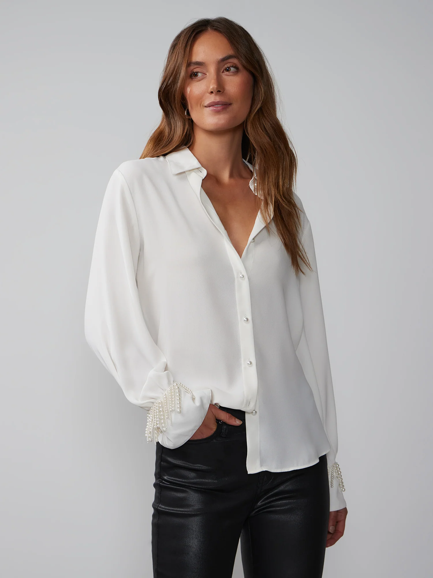 Long Sleeve Pearl Fringe Button Front Top - Image 6