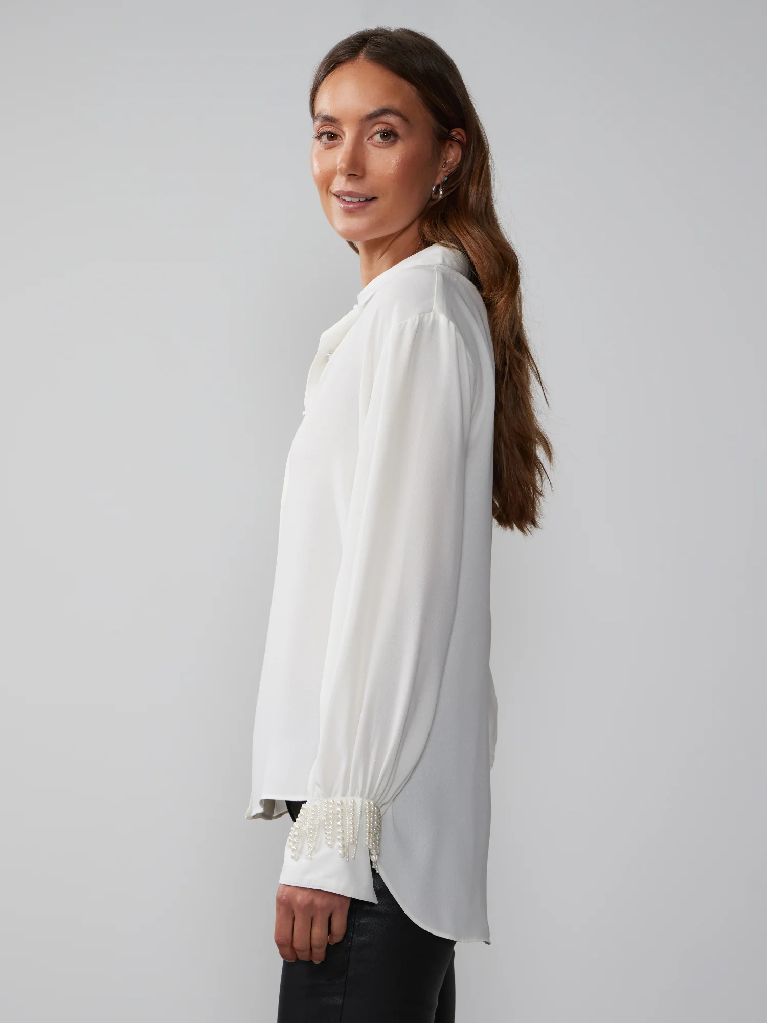 Long Sleeve Pearl Fringe Button Front Top - Image 7