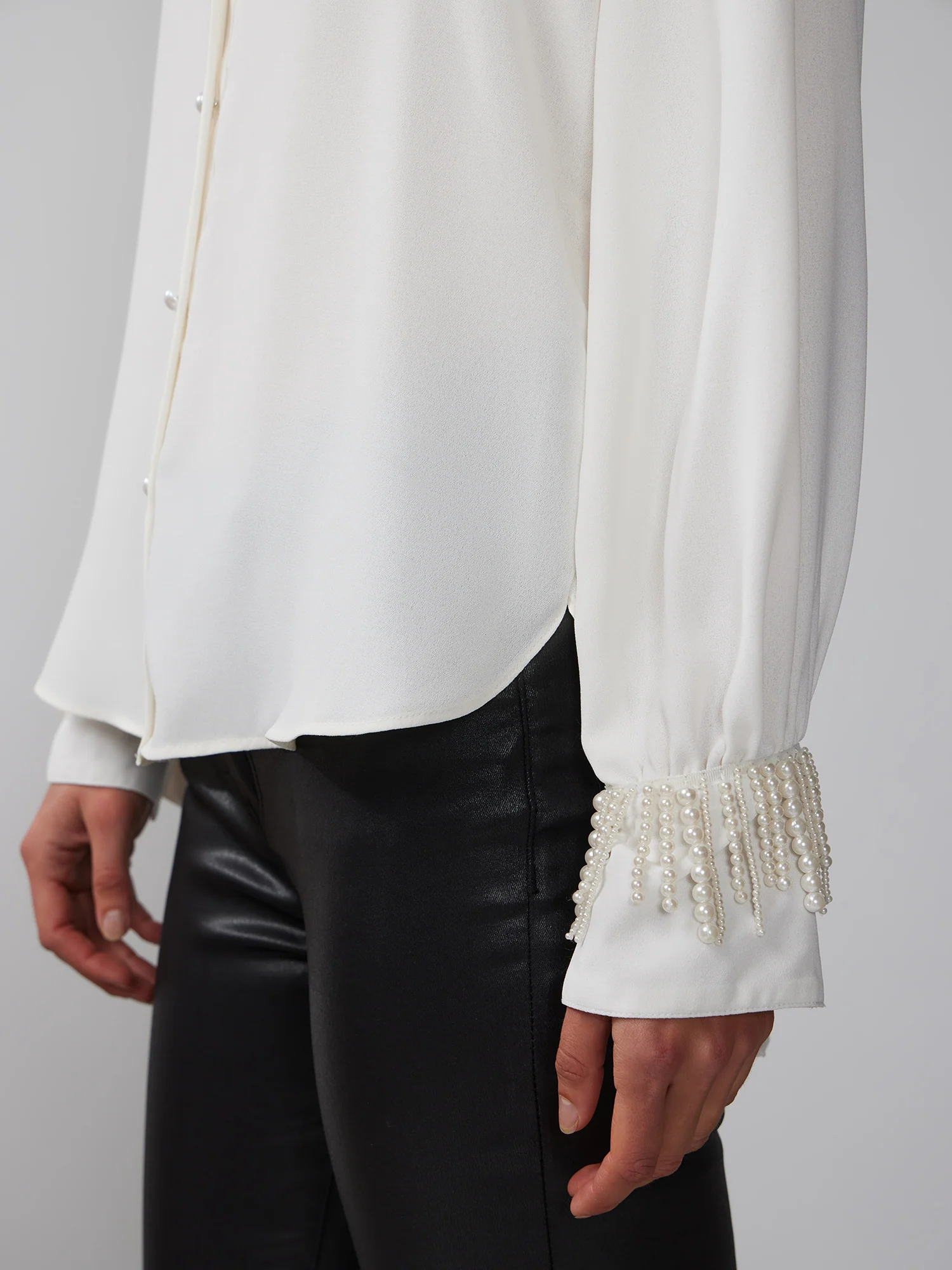 Long Sleeve Pearl Fringe Button Front Top - Image 9