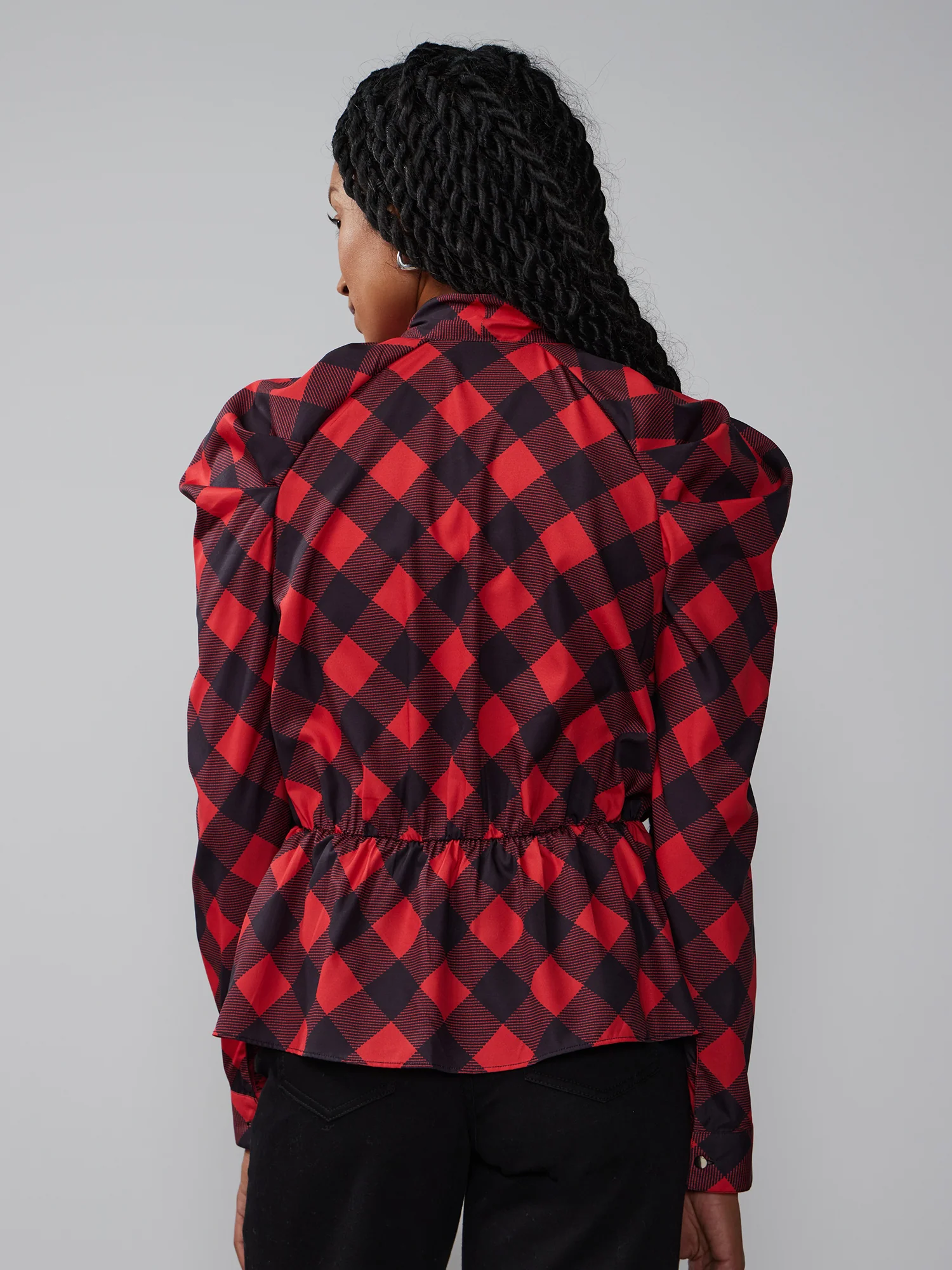 Plaid Puff Sleeve Tie Neck Top - Image 3