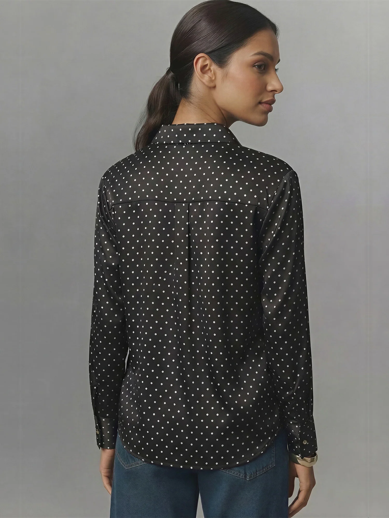 Long Sleeves Polka Dot Stretch Satin Button Down Shirt - Image 3